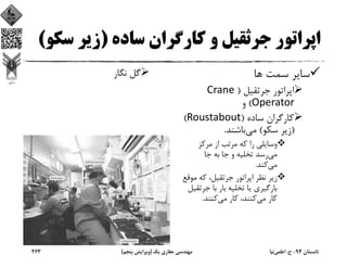 ‫ﺳﺎده‬ ‫ﻛﺎرﮔﺮان‬ ‫و‬ ‫ﺟﺮﺛﻘﻴﻞ‬ ‫اﭘﺮاﺗﻮر‬)‫ﺳ‬ ‫زﻳﺮ‬‫ﻜﻮ‬(
‫ﻫﺎ‬ ‫ﺳﻤﺖ‬ ‫ﺳﺎﻳﺮ‬
‫ﺟﺮﺛﻘﻴﻞ‬ ‫اﭘﺮاﺗﻮر‬)Crane 
Operator(‫و‬
‫ﺳﺎده‬ ‫ﻛﺎرﮔﺮان‬)Roustabout(
)‫ﺳﻜﻮ‬ ‫زﻳﺮ‬(‫ﻣﻲ‬‫ﺑﺎﺷﻨﺪ‬.
‫ﻣﺮﻛﺰ‬ ‫از‬ ‫ﻣﺮﺗﺐ‬ ‫ﻛﻪ‬ ‫را‬ ‫وﺳﺎﻳﻠﻲ‬
‫ﻣﻲ‬‫ﺟﺎ‬ ‫ﺑﻪ‬ ‫ﺟﺎ‬ ‫و‬ ‫ﺗﺨﻠﻴﻪ‬ ‫رﺳﺪ‬
‫ﻣﻲ‬‫ﻛﻨﺪ‬.
‫ﻣﻮ‬ ‫ﻛﻪ‬ ،‫ﺟﺮﺛﻘﻴﻞ‬ ‫اﭘﺮاﺗﻮر‬ ‫ﻧﻈﺮ‬ ‫زﻳﺮ‬‫ﻗﻊ‬
‫ﺟﺮﺛﻘ‬ ‫ﺑﺎ‬ ‫ﺑﺎر‬ ‫ﺗﺨﻠﻴﻪ‬ ‫ﻳﺎ‬ ‫ﺑﺎرﮔﻴﺮي‬‫ﻴﻞ‬
‫ﻣﻲ‬ ‫ﻛﺎر‬‫ﻣﻲ‬ ‫ﻛﺎر‬ ،‫ﻛﻨﻨﺪ‬‫ﻛﻨﻨﺪ‬.
‫ﻧﮕﺎر‬ ‫ﮔﻞ‬
‫ﺗﺎﺑﺴﺘﺎن‬94-‫ح‬.‫اﻋﻠﻤﻲ‬‫ﻧﻴﺎ‬‫ﻳﻚ‬ ‫ﺣﻔﺎري‬ ‫ﻣﻬﻨﺪﺳﻲ‬)‫ﭘﻨﺠﻢ‬ ‫وﻳﺮاﻳﺶ‬(263
 