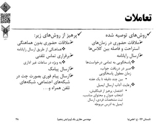 ‫ﺗﻌﺎﻣﻼت‬
‫روش‬‫ﺷﺪه‬ ‫ﺗﻮﺻﻴﻪ‬ ‫ﻫﺎي‬
‫زﻣﺎن‬ ‫در‬ ‫ﺣﻀﻮري‬ ‫ﻣﻼﻗﺎت‬‫ﻫﺎي‬
‫ﻛﻼس‬ ‫ﺑﻴﻦ‬ ‫ﻓﺎﺻﻠﻪ‬ ‫و‬ ‫اﺳﺘﺮاﺣﺖ‬‫ﻫﺎ‬
‫راﻳﺎﻧﺎﻣﻪ‬ ‫ارﺳﺎل‬
‫درﺧﻮاﺳﺖ‬ ‫ﺗﻤﺎﻣﻲ‬ ‫ﺑﻪ‬ ‫ﭘﺎﺳﺨﮕﻮﻳﻲ‬‫ﻫﺎ‬
،‫ﺟﻮاب‬ ‫درﻳﺎﻓﺖ‬ ‫در‬ ‫ﺻﺒﺮ‬
‫ﭘﺎﺳﺨﮕﻮﻳﻲ‬ ‫ﻣﻌﻘﻮل‬ ‫زﻣﺎن‬
•‫ﻫﻔﺘﻪ‬ ‫ﻳﻚ‬ ‫ﺗﺎ‬ ‫دﻗﻴﻘﻪ‬ ‫ﭼﻨﺪ‬ ‫ﺑﻴﻦ‬
‫اﻳﻤﻴﻞ‬ ‫ارﺳﺎل‬ ‫آداب‬ ‫رﻋﺎﻳﺖ‬
•،‫ﻓﻴﻨﮕﻠﻴﺶ‬ ‫از‬ ‫ﭘﺮﻫﻴﺰ‬ ،‫اﺧﺘﺼﺎر‬
،‫ﻣﻨﺎﺳﺐ‬ ‫ﻣﺤﺘﻮاي‬ ‫و‬ ‫ﻋﻨﻮان‬ ‫اﻧﺘﺨﺎب‬
‫ارﺳﺎل‬ ،‫ﻓﺮدي‬ ‫ﻣﺸﺨﺼﺎت‬ ‫ﺛﺒﺖ‬
‫ﻣﺮﺑﻮﻃﻪ‬ ‫ادرس‬ ‫ﺑﻪ‬ ‫اﻳﻤﻴﻞ‬
‫روش‬ ‫از‬ ‫ﭘﺮﻫﻴﺰ‬‫زﻳﺮ‬ ‫ﻫﺎي‬:
‫ﻫﻤﺎﻫﻨﮕﻲ‬ ‫ﺑﺪون‬ ‫ﺣﻀﻮري‬ ‫ﻣﻼﻗﺎت‬
‫راﻳﺎﻧﺎﻣﻪ‬ ‫ارﺳﺎل‬ ‫ﻃﺮﻳﻖ‬ ‫از‬ ‫ﻫﻤﺎﻫﻨﮕﻲ‬
‫ﺗﻠﻔﻨﻲ‬ ‫ﺗﻤﺎس‬ ‫ﺑﺮﻗﺮاري‬
‫اداري‬ ‫ﻏﻴﺮ‬ ‫ﺳﺎﻋﺎت‬ ‫در‬ ‫وﻳﮋه‬ ‫ﺑﻪ‬
‫ﭘﻴﺎﻣﻚ‬ ‫ارﺳﺎل‬
‫در‬ ‫ﭼﺖ‬ ‫ﺑﺼﻮرت‬ ‫ﻓﻮري‬ ‫ﭘﻴﺎم‬ ‫ارﺳﺎل‬
‫ﺷﺒﻜﻪ‬‫ﺷﺒﻜﻪ‬ ،‫اﺟﺘﻤﺎﻋﻲ‬ ‫ﻫﺎي‬‫ﻫﺎي‬
‫و‬ ‫ﻫﻤﺮاه‬ ‫ﺗﻠﻔﻦ‬. . .
‫ﺗﺎﺑﺴﺘﺎن‬94-‫ح‬.‫اﻋﻠﻤﻲ‬‫ﻧﻴﺎ‬‫ﻳﻚ‬ ‫ﺣﻔﺎري‬ ‫ﻣﻬﻨﺪﺳﻲ‬)‫ﭘﻨﺠﻢ‬ ‫وﻳﺮاﻳﺶ‬(28
 