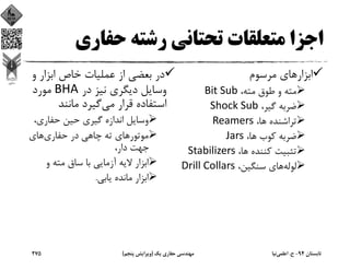 ‫ﺣﻔﺎري‬ ‫رﺷﺘﻪ‬ ‫ﺗﺤﺘﺎﻧﻲ‬ ‫ﻣﺘﻌﻠﻘﺎت‬ ‫اﺟﺰا‬
‫ﻣﺮﺳﻮم‬ ‫اﺑﺰارﻫﺎي‬
،‫ﻣﺘﻪ‬ ‫ﻃﻮق‬ ‫و‬ ‫ﻣﺘﻪ‬Bit Sub
،‫ﮔﻴﺮ‬ ‫ﺿﺮﺑﻪ‬Shock Sub
،‫ﻫﺎ‬ ‫ﺗﺮاﺷﻨﺪه‬Reamers
،‫ﻫﺎ‬ ‫ﻛﻮب‬ ‫ﺿﺮﺑﻪ‬Jars
،‫ﻫﺎ‬ ‫ﻛﻨﻨﺪه‬ ‫ﺗﺜﺒﻴﺖ‬Stabilizers
‫ﻟﻮﻟﻪ‬،‫ﺳﻨﮕﻴﻦ‬ ‫ﻫﺎي‬Drill Collars
‫و‬ ‫اﺑﺰار‬ ‫ﺧﺎص‬ ‫ﻋﻤﻠﻴﺎت‬ ‫از‬ ‫ﺑﻌﻀﻲ‬ ‫در‬
‫در‬ ‫ﻧﻴﺰ‬ ‫دﻳﮕﺮي‬ ‫وﺳﺎﻳﻞ‬BHA‫ﻣﻮرد‬
‫ﻣﻲ‬ ‫ﻗﺮار‬ ‫اﺳﺘﻔﺎده‬‫ﻣﺎﻧﻨﺪ‬ ‫ﮔﻴﺮد‬
،‫ﺣﻔﺎري‬ ‫ﺣﻴﻦ‬ ‫ﮔﻴﺮي‬ ‫اﻧﺪازه‬ ‫وﺳﺎﻳﻞ‬
‫ﭼﺎﻫﻲ‬ ‫ﺗﻪ‬ ‫ﻣﻮﺗﻮرﻫﺎي‬‫ﺣﻔﺎري‬ ‫در‬‫ﻫﺎي‬
،‫دار‬ ‫ﺟﻬﺖ‬
‫و‬ ‫ﻣﺘﻪ‬ ‫ﺳﺎق‬ ‫ﺑﺎ‬ ‫آزﻣﺎﻳﻲ‬ ‫ﻻﻳﻪ‬ ‫اﺑﺰار‬
‫ﻳﺎﺑﻲ‬ ‫ﻣﺎﻧﺪه‬ ‫اﺑﺰار‬.
‫ﺗﺎﺑﺴﺘﺎن‬94-‫ح‬.‫اﻋﻠﻤﻲ‬‫ﻧﻴﺎ‬‫ﻳﻚ‬ ‫ﺣﻔﺎري‬ ‫ﻣﻬﻨﺪﺳﻲ‬)‫ﭘﻨﺠﻢ‬ ‫وﻳﺮاﻳﺶ‬(275
 