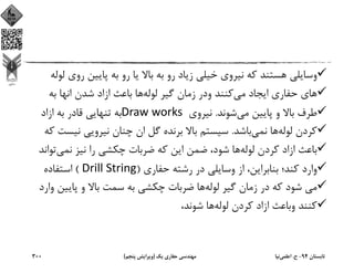 ‫روي‬ ‫ﭘﺎﻳﻴﻦ‬ ‫ﺑﻪ‬ ‫رو‬ ‫ﻳﺎ‬ ‫ﺑﺎﻻ‬ ‫ﺑﻪ‬ ‫رو‬ ‫زﻳﺎد‬ ‫ﺧﻴﻠﻲ‬ ‫ﻧﻴﺮوي‬ ‫ﻛﻪ‬ ‫ﻫﺴﺘﻨﺪ‬ ‫وﺳﺎﻳﻠﻲ‬‫ﻟﻮﻟﻪ‬
‫ﻣﻲ‬ ‫اﻳﺠﺎد‬ ‫ﺣﻔﺎري‬ ‫ﻫﺎي‬‫ﻟﻮﻟﻪ‬ ‫ﮔﻴﺮ‬ ‫زﻣﺎن‬ ‫ودر‬ ‫ﻛﻨﻨﺪ‬‫ﺑﻪ‬ ‫اﻧﻬﺎ‬ ‫ﺷﺪن‬ ‫ازاد‬ ‫ﺑﺎﻋﺚ‬ ‫ﻫﺎ‬
‫ﻣﻲ‬ ‫ﭘﺎﻳﻴﻦ‬ ‫و‬ ‫ﺑﺎﻻ‬ ‫ﻃﺮف‬‫ﺷﻮﻧﺪ‬.‫ﻧﻴﺮوي‬Draw works ‫ازاد‬ ‫ﺑﻪ‬ ‫ﻗﺎدر‬ ‫ﺗﻨﻬﺎﻳﻲ‬ ‫ﺑﻪ‬
‫ﻟﻮﻟﻪ‬ ‫ﻛﺮدن‬‫ﻧﻤﻲ‬ ‫ﻫﺎ‬‫ﺑﺎﺷﺪ‬.‫ﻧﻴ‬ ‫ﻧﻴﺮوﻳﻲ‬ ‫ﭼﻨﺎن‬ ‫ان‬ ‫ﮔﻞ‬ ‫ﺑﺮﻧﺪه‬ ‫ﺑﺎﻻ‬ ‫ﺳﻴﺴﺘﻢ‬‫ﻛﻪ‬ ‫ﺴﺖ‬
‫ﻟﻮﻟﻪ‬ ‫ﻛﺮدن‬ ‫ازاد‬ ‫ﺑﺎﻋﺚ‬‫ﻧﻤﻲ‬ ‫ﻧﻴﺰ‬ ‫را‬ ‫ﭼﻜﺸﻲ‬ ‫ﺿﺮﺑﺎت‬ ‫ﻛﻪ‬ ‫اﻳﻦ‬ ‫ﺿﻤﻦ‬ ،‫ﺷﻮد‬ ‫ﻫﺎ‬‫ﺗ‬‫ﻮاﻧﺪ‬
‫ﺣﻔﺎري‬ ‫رﺷﺘﻪ‬ ‫در‬ ‫وﺳﺎﻳﻠﻲ‬ ‫از‬ ،‫ﺑﻨﺎﺑﺮاﻳﻦ‬ ‫ﻛﻨﺪ؛‬ ‫وارد‬)Drill String(‫اﺳﺘﻔﺎده‬
‫ﻟﻮﻟﻪ‬ ‫ﮔﻴﺮ‬ ‫زﻣﺎن‬ ‫در‬ ‫ﻛﻪ‬ ‫ﺷﻮد‬ ‫ﻣﻲ‬‫ﭘﺎﻳﻴﻦ‬ ‫و‬ ‫ﺑﺎﻻ‬ ‫ﺳﻤﺖ‬ ‫ﺑﻪ‬ ‫ﭼﻜﺸﻲ‬ ‫ﺿﺮﺑﺎت‬ ‫ﻫﺎ‬‫وارد‬
‫ﻟﻮﻟﻪ‬ ‫ﻛﺮدن‬ ‫ازاد‬ ‫وﺑﺎﻋﺚ‬ ‫ﻛﻨﻨﺪ‬،‫ﺷﻮﻧﺪ‬ ‫ﻫﺎ‬
‫ﺗﺎﺑﺴﺘﺎن‬94-‫ح‬.‫اﻋﻠﻤﻲ‬‫ﻧﻴﺎ‬‫ﻳﻚ‬ ‫ﺣﻔﺎري‬ ‫ﻣﻬﻨﺪﺳﻲ‬)‫ﭘﻨﺠﻢ‬ ‫وﻳﺮاﻳﺶ‬(300
 