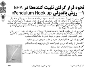 ‫ﻛﻨﻨﺪه‬ ‫ﺗﺜﺒﻴﺖ‬ ‫ﮔﺮﻓﺘﻦ‬ ‫ﻗﺮار‬ ‫ﻧﺤﻮه‬‫در‬ ‫ﻫﺎ‬BHA
1-‫ﭘﺎﻧﺪوﻟﻲ‬ ‫روش‬Pendulum Hook up:
‫ﻓﺎﺻﻠﻪ‬ ‫در‬ ‫ﻣﻌﻤﻮﻻ‬ ‫ﻛﻨﻨﺪه‬ ‫ﺗﺜﺒﻴﺖ‬ ‫ﻋﺪد‬ ‫ﻳﻚ‬ ‫ﭘﺎﻧﺪوﻟﻲ‬ ‫روش‬ ‫در‬10-20‫ﻗﺮار‬ ‫ﻣﺘﻪ‬ ‫ﺑﺎﻻي‬ ‫ﻣﺘﺮي‬
‫ﻣﻲ‬ ‫داده‬‫ﭼ‬ ‫اﻧﺤﺮاف‬ ‫ﻣﺤﺾ‬ ‫ﺑﻪ‬ ‫ﺣﻔﺎري‬ ‫ﺣﻴﻦ‬ ‫در‬ ‫و‬ ‫ﻛﻨﺪ‬ ‫ﺟﻠﻮﮔﻴﺮي‬ ‫ﻗﺎﺋﻢ‬ ‫ﭼﺎه‬ ‫اﻧﺤﺮاف‬ ‫از‬ ‫ﺗﺎ‬ ‫ﺷﻮد‬‫ﺎه‬
‫از‬ ‫ﻗﺴﻤﺖ‬ ‫آن‬ ‫ﺟﺎذﺑﻪ‬ ‫ﻧﻴﺮوي‬ ،‫ﺧﻮد‬ ‫ﻗﺎﺋﻢ‬ ‫ﻣﻮﻗﻌﻴﺖ‬ ‫از‬BHA‫ﻫﻤﺎﻧﻨﺪ‬ ‫ﻛﻪ‬ ‫ﻛﻨﻨﺪه‬ ‫ﺗﺜﺒﻴﺖ‬ ‫زﻳﺮ‬ ‫در‬ ‫ﻛﻪ‬
‫ﻣﻲ‬ ‫ﻋﻤﻞ‬ ‫ﮔﺎه‬ ‫ﺗﻜﻴﻪ‬ ‫ﻳﻚ‬‫ﻣﻲ‬ ‫ﺑﺮ‬ ‫ﻋﻤﻮدي‬ ‫ﺣﺎﻟﺖ‬ ‫ﺑﻪ‬ ‫را‬ ‫ﭼﺎه‬ ‫زاوﻳﻪ‬ ‫اﺳﺖ‬ ‫ﺷﺪه‬ ‫واﻗﻊ‬ ‫ﻛﻨﺪ‬‫ﮔﺮداﻧﺪ‬‫و‬
‫ﻣﻲ‬ ‫ﭼﺎه‬ ‫ﺷﺪن‬ ‫ﻛﺞ‬ ‫ﻣﺎﻧﻊ‬‫ﮔﺮدد‬.
‫ﭘﺎﻧﺪوﻟﻲ‬ ‫درﻧﻮع‬)pendulum hook up)‫درﻓﺎﺻﻠﻪ‬ ‫ﭘﺎﻳﺪارﻛﻨﻨﺪه‬ ‫ﻳﻚ‬20-10‫ﺑﺎﻻي‬ ‫ﻣﺘﺮي‬
‫ﻟﻮﻟﻪ‬ ‫وزن‬ ‫واز‬ ‫ﺷﻮد‬ ‫ﭼﺎه‬ ‫ﻋﻤﻮدي‬ ‫ﺣﻔﺮه‬ ‫ازاﻧﺤﺮاف‬ ‫ﻣﻴﮕﻴﺮدﺗﺎﻣﺎﻧﻊ‬ ‫ﻗﺮار‬ ‫ﻣﺘﻪ‬‫ﻋﻨﻮان‬ ‫ﺑﻪ‬ ‫وزﻧﻲ‬ ‫ﻫﺎي‬
‫ﻣﻴﺸﻮد‬ ‫اﺳﺘﻔﺎده‬ ‫ﻣﺘﻪ‬ ‫ﺑﻪ‬ ‫دادن‬ ‫درﺟﻬﺖ‬ ‫ﻣﺤﻮر‬ ‫ﭘﺎﻳﺪاري‬ ‫روي‬ ‫ﻛﻨﻨﺪه‬ ‫ﻋﻤﻞ‬.
‫ﺟﺎذﺑﻪ‬ ‫ﻧﻴﺮوي‬ ،‫ﻋﻤﻮدي‬ ‫ﺣﺎﻟﺖ‬ ‫از‬ ‫ﺣﻔﺮه‬ ‫اﻧﺤﺮاف‬ ‫ﻫﻨﮕﺎم‬ ،‫ﭘﺎﻧﺪوﻟﻲ‬ ‫درﻧﻮع‬
‫ﻗﺎﺋﻢ‬ ‫ﺣﺎﻟﺖ‬ ‫راﺑﻪ‬ ‫داردزاوﻳﻪ‬ ‫ﻗﺮار‬ ‫ﭘﺎﻳﺪارﻛﻨﻨﺪه‬ ‫زﻳﺮ‬ ‫در‬ ‫ﻛﻪ‬ ‫رﺷﺘﻪ‬ ‫از‬ ‫ﻗﺴﻤﺘﻲ‬
‫ﻣﻴﺸﻮد‬ ‫ﭼﺎه‬ ‫اﻧﺤﺮاف‬ ‫از‬ ‫وﻣﺎﻧﻊ‬ ‫ﺑﺮﮔﺮداﻧﺪه‬.
‫ﻣﻲ‬ ‫ﻻزم‬ ‫ﻫﻨﮕﺎﻣﻴﻜﻪ‬‫ﺷﻮد‬ ‫ﻛﺎﺳﺘﻪ‬ ‫اﻧﺤﺮاف‬ ‫ﺷﻮدزاوﻳﻪ‬، ‫ﻣﻴﮕﺮدد‬ ‫اﺳﺘﻔﺎده‬ ‫ازاﺛﺮﭘﺎﻧﺪوﻟﻲ‬.‫ﻋ‬‫ﻛﺎﺳﺘﻦ‬ ‫ﻠﺖ‬
‫ﻣﻲ‬ ‫اﻧﺤﺮاف‬ ‫زاوﻳﻪ‬‫ﺑﺮﮔ‬ ‫وﺑﺎﺿﺮورت‬ ‫ﻓﺮﺿﻲ‬ ‫اﺳﺘﻮاﻧﻪ‬ ‫در‬ ‫ﻣﺴﻴﺮﭼﺎه‬ ‫ﻧﮕﻬﺪاﺷﺘﻦ‬ ‫ﺑﺮاي‬ ‫ﺗﻮاﻧﺪ‬‫ﺸﺖ‬
‫ﺑﺎﺷﺪ‬ ‫ﻗﺎﺋﻢ‬ ‫ﺧﻂ‬ ‫ﺑﻪ‬ ‫ﻣﺴﻴﺮﭼﺎه‬.
‫ﺗﺎﺑﺴﺘﺎن‬94-‫ح‬.‫اﻋﻠﻤﻲ‬‫ﻧﻴﺎ‬‫ﻳﻚ‬ ‫ﺣﻔﺎري‬ ‫ﻣﻬﻨﺪﺳﻲ‬)‫ﭘﻨﺠﻢ‬ ‫وﻳﺮاﻳﺶ‬(318
 