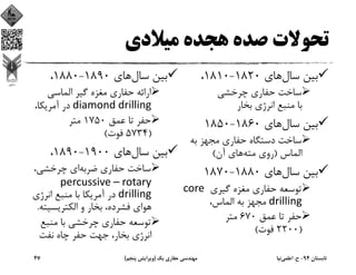 ‫ﻣﻴﻼدي‬ ‫ﻫﺠﺪه‬ ‫ﺻﺪه‬ ‫ﺗﺤﻮﻻت‬
‫ﺳﺎل‬ ‫ﺑﻴﻦ‬‫ﻫﺎي‬1820-1810،
‫ﭼﺮﺧﺸﻲ‬ ‫ﺣﻔﺎري‬ ‫ﺳﺎﺧﺖ‬
‫ﺑﺨﺎر‬ ‫اﻧﺮژي‬ ‫ﻣﻨﺒﻊ‬ ‫ﺑﺎ‬
‫ﺳﺎل‬ ‫ﺑﻴﻦ‬‫ﻫﺎي‬1860-1850
‫ﺑﻪ‬ ‫ﻣﺠﻬﺰ‬ ‫ﺣﻔﺎري‬ ‫دﺳﺘﮕﺎه‬ ‫ﺳﺎﺧﺖ‬
‫اﻟﻤﺎس‬)‫ﻣﺘﻪ‬ ‫روي‬‫آن‬ ‫ﻫﺎي‬(
‫ﺳﺎل‬ ‫ﺑﻴﻦ‬‫ﻫﺎي‬1880-1870
‫ﮔﻴﺮي‬ ‫ﻣﻐﺰه‬ ‫ﺣﻔﺎري‬ ‫ﺗﻮﺳﻌﻪ‬core 
drilling،‫اﻟﻤﺎس‬ ‫ﺑﻪ‬ ‫ﻣﺠﻬﺰ‬
‫ﻋﻤﻖ‬ ‫ﺗﺎ‬ ‫ﺣﻔﺮ‬670‫ﻣﺘﺮ‬
)2200‫ﻓﻮت‬(
‫ﺳﺎل‬ ‫ﺑﻴﻦ‬‫ﻫﺎي‬1890-1880،
‫اﻟﻤﺎﺳﻲ‬ ‫ﮔﻴﺮ‬ ‫ﻣﻐﺰه‬ ‫ﺣﻔﺎري‬ ‫اراﺋﻪ‬
diamond drilling،‫آﻣﺮﻳﻜﺎ‬ ‫در‬
‫ﻋﻤﻖ‬ ‫ﺗﺎ‬ ‫ﺣﻔﺮ‬1750‫ﻣﺘﺮ‬
)5734‫ﻓﻮت‬(
‫ﺳﺎل‬ ‫ﺑﻴﻦ‬‫ﻫﺎي‬1900-1890،
‫ﺿﺮﺑﻪ‬ ‫ﺣﻔﺎري‬ ‫ﺳﺎﺧﺖ‬،‫ﭼﺮﺧﺸﻲ‬ ‫اي‬
percussive – rotary 
drilling‫اﻧﺮژي‬ ‫ﻣﻨﺒﻊ‬ ‫ﺑﺎ‬ ‫آﻣﺮﻳﻜﺎ‬ ‫در‬
‫اﻟﻜﺘﺮﻳﺴﻴﺘ‬ ‫و‬ ‫ﺑﺨﺎر‬ ،‫ﻓﺸﺮده‬ ‫ﻫﻮاي‬‫ﻪ‬.
‫ﻣﻨﺒﻊ‬ ‫ﺑﺎ‬ ‫ﭼﺮﺧﺸﻲ‬ ‫ﺣﻔﺎري‬ ‫ﺗﻮﺳﻌﻪ‬
‫ﻧﻔﺖ‬ ‫ﭼﺎه‬ ‫ﺣﻔﺮ‬ ‫ﺟﻬﺖ‬ ،‫ﺑﺨﺎر‬ ‫اﻧﺮژي‬
‫ﺗﺎﺑﺴﺘﺎن‬94-‫ح‬.‫اﻋﻠﻤﻲ‬‫ﻧﻴﺎ‬‫ﻳﻚ‬ ‫ﺣﻔﺎري‬ ‫ﻣﻬﻨﺪﺳﻲ‬)‫ﭘﻨﺠﻢ‬ ‫وﻳﺮاﻳﺶ‬(47
 