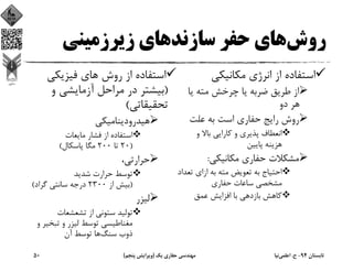 ‫روش‬‫زﻳﺮزﻣﻴﻨﻲ‬ ‫ﺳﺎزﻧﺪﻫﺎي‬ ‫ﺣﻔﺮ‬ ‫ﻫﺎي‬
‫ﻣﻜﺎﻧﻴﻜﻲ‬ ‫اﻧﺮژي‬ ‫از‬ ‫اﺳﺘﻔﺎده‬
‫ﻳﺎ‬ ‫ﻣﺘﻪ‬ ‫ﭼﺮﺧﺶ‬ ‫ﻳﺎ‬ ‫ﺿﺮﺑﻪ‬ ‫ﻃﺮﻳﻖ‬ ‫از‬
‫دو‬ ‫ﻫﺮ‬
‫ﻋﻠﺖ‬ ‫ﺑﻪ‬ ‫اﺳﺖ‬ ‫ﺣﻔﺎري‬ ‫راﻳﺞ‬ ‫روش‬
‫و‬ ‫ﺑﺎﻻ‬ ‫ﻛﺎراﻳﻲ‬ ‫و‬ ‫ﭘﺬﻳﺮي‬ ‫اﻧﻌﻄﺎف‬
‫ﭘﺎﻳﻴﻦ‬ ‫ﻫﺰﻳﻨﻪ‬
‫ﻣﻜﺎﻧﻴﻜﻲ‬ ‫ﺣﻔﺎري‬ ‫ﻣﺸﻜﻼت‬:
‫ﺗﻌ‬ ‫ازاي‬ ‫ﺑﻪ‬ ‫ﻣﺘﻪ‬ ‫ﺗﻌﻮﻳﺾ‬ ‫ﺑﻪ‬ ‫اﺣﺘﻴﺎج‬‫ﺪاد‬
‫ﺣﻔﺎري‬ ‫ﺳﺎﻋﺎت‬ ‫ﻣﺸﺨﺼﻲ‬
‫ﻋﻤﻖ‬ ‫اﻓﺰاﻳﺶ‬ ‫ﺑﺎ‬ ‫ﺑﺎزدﻫﻲ‬ ‫ﻛﺎﻫﺶ‬
‫ﻓﻴﺰﻳﻜﻲ‬ ‫ﻫﺎي‬ ‫روش‬ ‫از‬ ‫اﺳﺘﻔﺎده‬
)‫و‬ ‫آزﻣﺎﻳﺸﻲ‬ ‫ﻣﺮاﺣﻞ‬ ‫در‬ ‫ﺑﻴﺸﺘﺮ‬
‫ﺗﺤﻘﻴﻘﺎﺗﻲ‬(
‫ﻫﻴﺪرودﻳﻨﺎﻣﻴﻜﻲ‬
‫ﻣﺎﻳﻌﺎت‬ ‫ﻓﺸﺎر‬ ‫از‬ ‫اﺳﺘﻔﺎده‬
)20‫ﺗﺎ‬200‫ﭘﺎﺳﻜﺎل‬ ‫ﻣﮕﺎ‬(
،‫ﺣﺮارﺗﻲ‬
‫ﺷﺪﻳﺪ‬ ‫ﺣﺮارت‬ ‫ﺗﻮﺳﻂ‬
)‫از‬ ‫ﺑﻴﺶ‬2300‫ﮔﺮاد‬ ‫ﺳﺎﻧﺘﻲ‬ ‫درﺟﻪ‬(
‫ﻟﻴﺰر‬
‫ﺗﺸﻌﺸﻌﺎت‬ ‫از‬ ‫ﺳﺘﻮﻧﻲ‬ ‫ﺗﻮﻟﻴﺪ‬
‫ﺗﺒﺨﻴﺮ‬ ‫و‬ ‫ﻟﻴﺰر‬ ‫ﺗﻮﺳﻂ‬ ‫ﻣﻐﻨﺎﻃﻴﺴﻲ‬‫و‬
‫ﺳﻨﮓ‬ ‫ذوب‬‫آن‬ ‫ﺗﻮﺳﻂ‬ ‫ﻫﺎ‬
‫ﺗﺎﺑﺴﺘﺎن‬94-‫ح‬.‫اﻋﻠﻤﻲ‬‫ﻧﻴﺎ‬‫ﻳﻚ‬ ‫ﺣﻔﺎري‬ ‫ﻣﻬﻨﺪﺳﻲ‬)‫ﭘﻨﺠﻢ‬ ‫وﻳﺮاﻳﺶ‬(50
 