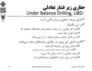 ‫ﺗﻌﺎدﻟﻲ‬ ‫ﻓﺸﺎر‬ ‫زﻳﺮ‬ ‫ﺣﻔﺎري‬
Under Balance Drilling, UBD: 
،‫اﺳﺖ‬ ‫ﺑﺎﻻﻳﻲ‬ ‫ﺑﺴﻴﺎر‬ ‫ﺣﻔﺎري‬ ‫ﺳﺮﻋﺖ‬ ‫داراي‬
‫ﺗﻜﻨﻴﻚ‬ ‫اﻳﻦ‬ ‫در‬
‫اﺳﺘﺎدارد‬ ‫رﻋﺎﻳﺖ‬ ‫ﺑﺎ‬ ‫را‬ ‫ﺣﻔﺎري‬ ‫ﮔﻞ‬ ‫ﻓﺸﺎر‬‫ﻛﻪ‬ ‫ﻣﺨﺘﻠﻒ‬ ‫ﻣﻼﺣﻈﺎت‬ ‫و‬ ‫ﻫﺎ‬
‫ﻧﺸﻮد‬ ‫ﭼﺎه‬ ‫ﻓﻮران‬ ‫ﺑﺎﻋﺚ‬
‫ﻣﻲ‬ ‫آن‬ ‫در‬ ‫ﻣﻮﺟﻮد‬ ‫ﺳﻴﺎل‬ ‫و‬ ‫ﺳﺎزﻧﺪ‬ ‫ﻓﺸﺎر‬ ‫زﻳﺮ‬ ‫ﺑﻪ‬‫رﺳﺎﻧﻨﺪ‬.
‫ﺳﺎزﻧﺪ‬ ‫ﺣﻔﺎري‬ ‫در‬ ‫روش‬ ‫اﻳﻦ‬ ‫اﺻﻠﻲ‬ ‫ﻛﺎرﺑﺮد‬‫ﻣﻲ‬ ‫ﺳﺨﺖ‬ ‫ﻫﺎي‬‫ﺑﺎﺷﺪ‬
‫ﺳﺎزﻧﺪ‬ ‫اﻳﻦ‬ ‫روي‬ ‫ﻓﺸﺎر‬ ‫اﮔﺮ‬‫ﺑﺎﺷﺪ‬ ‫ﻛﻢ‬ ‫ﻫﺎ‬
‫ﻣﻲ‬ ‫ﺳﺎزﻧﺪ‬ ‫ﺷﺪن‬ ‫ﭘﺎﺷﻴﺪه‬ ‫ﻣﻮﺟﺐ‬ ‫ﺳﺎزﻧﺪ‬ ‫ﺧﻮد‬ ‫ﻓﺸﺎر‬‫و‬ ‫ﺷﻮد‬
‫ﻣﻲ‬ ‫ﺑﺎﻻ‬ ‫زﻳﺎدي‬ ‫ﺣﺪ‬ ‫ﺗﺎ‬ ‫را‬ ‫ﺣﻔﺎري‬ ‫ﺳﺮﻋﺖ‬‫ﺑﺮد‬
‫ﭘﻴﺸﺮﻓﺘﻪ‬ ‫ﺗﻜﻨﻮﻟﻮژي‬ ‫ﺑﻪ‬ ‫ﻧﻴﺎز‬ ‫روش‬ ‫اﻳﻦ‬ ‫اﻟﺒﺘﻪ‬‫دارد‬ ‫اي‬.
‫ﺗﺎﺑﺴﺘﺎن‬94-‫ح‬.‫اﻋﻠﻤﻲ‬‫ﻧﻴﺎ‬‫ﻳﻚ‬ ‫ﺣﻔﺎري‬ ‫ﻣﻬﻨﺪﺳﻲ‬)‫ﭘﻨﺠﻢ‬ ‫وﻳﺮاﻳﺶ‬(52
 