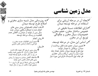 ‫ﺷﻨﺎﺳﻲ‬ ‫زﻣﻴﻦ‬ ‫ﻣﺪل‬
‫ﺑﺮاي‬ ‫ارزﻳﺎﺑﻲ‬ ‫ﻣﺮﺣﻠﻪ‬ ‫در‬ ‫آن‬ ‫اﻳﺠﺎد‬
‫ﻣﻴﺪان‬ ‫ﺗﻮﺳﻌﻪ‬ ‫ﻣﺮﺣﻠﻪ‬ ‫در‬ ‫اﺳﺘﻔﺎده‬
‫در‬ ‫دﻗﻴﻘﻲ‬ ‫ﻧﺴﺒﺘﺎ‬ ‫اﻃﻼﻋﺎت‬ ‫داراي‬
،‫ﻣﺨﺰن‬ ‫ﺣﺠﻢ‬ ،‫ﻣﺨﺰن‬ ‫ﺳﺎﺧﺘﺎر‬ ‫ﺧﺼﻮص‬
‫ﭼﮕﻮﻧﮕﻲ‬ ‫و‬ ‫ﻣﺨﺰن‬ ‫ﺳﻴﺎل‬ ‫ﺧﺼﻮﺻﻴﺎت‬
‫ﻣﺨﺰن‬ ‫در‬ ‫آن‬ ‫ﺗﻮزﻳﻊ‬
،‫ﺗﻮﺳﻌﻪ‬ ‫ﻣﺮﺣﻠﻪ‬ ‫در‬ ،‫ﻣﺪل‬ ‫اﻳﻦ‬ ‫اﺳﺎس‬ ‫ﺑﺮ‬
‫ﺑﺮداﺷﺖ‬ ‫ﻗﺎﺑﻞ‬ ‫ﻧﻔﺖ‬ ‫ﺣﺠﻢ‬ ‫ﻣﻴﺰان‬ ‫ﺗﻌﻴﻴﻦ‬‫از‬
،‫ﺗﻮﻟﻴﺪ‬ ‫ﻧﻤﻮدار‬ ‫ﻳﺎ‬ ‫ﭘﺮوﻓﺎﻳﻞ‬ ،‫ﻣﻴﺪان‬
‫ﭼﺎه‬ ‫ﺗﻌﺪاد‬ ‫ﺷﺎﻣﻞ‬ ‫ﻣﻴﺪان‬ ‫ﺗﻮﺳﻌﻪ‬ ‫ﻃﺮح‬ ‫ﻧﻮع‬
‫آن‬ ‫آراﻳﺶ‬ ‫و‬ ‫ﻧﻴﺎز‬ ‫ﻣﻮرد‬‫ﺣﻔﺎري‬ ‫زﻣﺎن‬ ‫و‬ ‫ﻫﺎ‬
‫ﻧﻴ‬ ‫ﻣﻮرد‬ ‫ﻓﺮاورﺷﻲ‬ ‫ﺗﺄﺳﻴﺴﺎت‬ ‫ﻧﻮع‬ ،‫ﭼﺎه‬ ‫ﻫﺮ‬‫ﺎز‬
‫ﻣﺨﺰﻧﻲ‬ ‫ﺳﺎزي‬ ‫ﺷﺒﻴﻪ‬ ‫ﻣﺪل‬ ‫روزرﺳﺎﻧﻲ‬ ‫ﺑﻪ‬‫و‬
‫ﻣﻴﺪان‬ ‫ﺗﻮﺳﻌﻪ‬ ‫ﻃﺮح‬ ‫اﺻﻼح‬
‫اﻧﺠﺎم‬ ‫ﻋﻠﺖ‬:‫ﻫﺎي‬ ‫ﺑﻴﻨﻲ‬ ‫ﭘﻴﺶ‬ ‫ﻧﺎﻫﻤﺨﻮاﻧﻲ‬
‫ﭼﻨﺪ‬ ‫ﻣﻴﺪان‬ ‫واﻗﻌﻲ‬ ‫ﻋﻤﻠﻜﺮد‬ ‫ﺑﺎ‬ ‫ﺷﺪه‬ ‫اﻧﺠﺎم‬
‫ﻋﺪم‬ ‫ﻛﺎﻫﺶ‬ ‫و‬ ‫ﻣﻴﺪان‬ ‫از‬ ‫ﺗﻮﻟﻴﺪ‬ ‫از‬ ‫ﭘﺲ‬ ‫ﺳﺎل‬
‫ﺗﻮﺳﻌﻪ‬ ‫ﻣﺮﺣﻠﻪ‬ ‫رﻳﺴﻚ‬ ‫و‬ ‫ﻗﻄﻌﻴﺖ‬
‫اﻧﺠﺎم‬ ‫روش‬
‫و‬ ‫ﻣﺨﺰن‬ ‫ﺟﺪﻳﺪ‬ ‫اﻃﻼﻋﺎت‬ ‫آوري‬ ‫ﺟﻤﻊ‬
‫ﻣﺨﺰﻧﻲ‬ ‫ﻫﺎي‬ ‫آزﻣﺎﻳﺶ‬ ‫اﻧﺠﺎم‬ ‫و‬ ‫ﻃﺮاﺣﻲ‬
‫ﻣﺜﺎل‬:
‫داﺷﺖ‬ ‫ﻧﮕﻪ‬ ‫ﺟﻬﺖ‬ ‫ﮔﺎز‬ ‫ﺗﺰرﻳﻖ‬ ‫ﺑﻴﻨﻲ‬ ‫ﭘﻴﺶ‬
‫ﻧﺮخ‬ ‫ﺑﺎ‬ ‫ﻣﺨﺰن‬ ‫ﻓﺸﺎر‬50‫ﻣﻜﻌﺐ‬ ‫ﻓﻮت‬ ‫ﻣﻴﻠﻴﻮن‬
،‫اوﻟﻴﻪ‬ ‫ﺗﻮﺳﻌﻪ‬ ‫ﻃﺮح‬ ‫در‬ ‫ﺳﻮم‬ ‫ﺳﺎل‬ ‫از‬ ‫روز‬ ‫در‬
‫ﭘﻴ‬ ‫از‬ ‫ﺗﺮ‬ ‫ﺳﺮﻳﻊ‬ ‫و‬ ‫ﺑﻴﺸﺘﺮ‬ ‫ﻛﺎﻫﺶ‬ ‫ﻣﻼﺣﻈﻪ‬‫ﺶ‬
‫ﺗﻮﻟﻴﺪ‬ ‫ﺣﻴﻦ‬ ‫ﻣﺨﺰن‬ ‫ﻓﺸﺎر‬ ‫ﻫﺎي‬ ‫ﺑﻴﻨﻲ‬
‫روزرﺳﺎﻧﻲ‬ ‫ﺑﻪ‬)‫ﻧﺮخ‬ ‫ﺑﺎ‬ ‫ﮔﺎز‬ ‫ﺗﺰرﻳﻖ‬ ‫ﻣﺜﻼ‬100
‫دوم‬ ‫ﺳﺎل‬ ‫از‬ ‫روز‬ ‫در‬ ‫ﻣﻜﻌﺐ‬ ‫ﻓﻮت‬ ‫ﻣﻴﻠﻴﻮن‬(
‫ﺗﺎﺑﺴﺘﺎن‬94-‫ح‬.‫اﻋﻠﻤﻲ‬‫ﻧﻴﺎ‬‫ﻳﻚ‬ ‫ﺣﻔﺎري‬ ‫ﻣﻬﻨﺪﺳﻲ‬)‫ﭘﻨﺠﻢ‬ ‫وﻳﺮاﻳﺶ‬(63
 