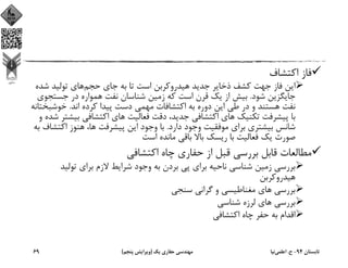 ‫اﻛﺘﺸﺎف‬ ‫ﻓﺎز‬
‫ﺣﺠﻢ‬ ‫ﺟﺎي‬ ‫ﺑﻪ‬ ‫ﺗﺎ‬ ‫اﺳﺖ‬ ‫ﻫﻴﺪروﻛﺮﺑﻦ‬ ‫ﺟﺪﻳﺪ‬ ‫ذﺧﺎﻳﺮ‬ ‫ﻛﺸﻒ‬ ‫ﺟﻬﺖ‬ ‫ﻓﺎز‬ ‫اﻳﻦ‬‫ﺷﺪ‬ ‫ﺗﻮﻟﻴﺪ‬ ‫ﻫﺎي‬‫ه‬
‫ﺷﻮد‬ ‫ﺟﺎﻳﮕﺰﻳﻦ‬.‫ﺟﺴﺘﺠ‬ ‫در‬ ‫ﻫﻤﻮاره‬ ‫ﻧﻔﺖ‬ ‫ﺷﻨﺎﺳﺎن‬ ‫زﻣﻴﻦ‬ ‫ﻛﻪ‬ ‫اﺳﺖ‬ ‫ﻗﺮن‬ ‫ﻳﻚ‬ ‫از‬ ‫ﺑﻴﺶ‬‫ﻮي‬
‫اﻧﺪ‬ ‫ﻛﺮده‬ ‫ﭘﻴﺪا‬ ‫دﺳﺖ‬ ‫ﻣﻬﻤﻲ‬ ‫اﻛﺘﺸﺎﻓﺎت‬ ‫ﺑﻪ‬ ‫دوره‬ ‫اﻳﻦ‬ ‫ﻃﻲ‬ ‫در‬ ‫و‬ ‫ﻫﺴﺘﻨﺪ‬ ‫ﻧﻔﺖ‬.‫ﺧﻮﺷﺒ‬‫ﺨﺘﺎﻧﻪ‬
‫ﺗﻜﻨﻴﻚ‬ ‫ﭘﻴﺸﺮﻓﺖ‬ ‫ﺑﺎ‬‫ﻓﻌﺎﻟﻴﺖ‬ ‫دﻗﺖ‬ ،‫ﺟﺪﻳﺪ‬ ‫اﻛﺘﺸﺎﻓﻲ‬ ‫ﻫﺎي‬‫ﺑﻴ‬ ‫اﻛﺘﺸﺎﻓﻲ‬ ‫ﻫﺎي‬‫و‬ ‫ﺷﺪه‬ ‫ﺸﺘﺮ‬
‫دارد‬ ‫وﺟﻮد‬ ‫ﻣﻮﻓﻘﻴﺖ‬ ‫ﺑﺮاي‬ ‫ﺑﻴﺸﺘﺮي‬ ‫ﺷﺎﻧﺲ‬.‫اﻛﺘﺸ‬ ‫ﻫﻨﻮز‬ ،‫ﻫﺎ‬ ‫ﭘﻴﺸﺮﻓﺖ‬ ‫اﻳﻦ‬ ‫وﺟﻮد‬ ‫ﺑﺎ‬‫ﺑﻪ‬ ‫ﺎف‬
‫اﺳﺖ‬ ‫ﻣﺎﻧﺪه‬ ‫ﺑﺎﻗﻲ‬ ‫ﺑﺎﻻ‬ ‫رﻳﺴﻚ‬ ‫ﺑﺎ‬ ‫ﻓﻌﺎﻟﻴﺖ‬ ‫ﻳﻚ‬ ‫ﺻﻮرت‬
‫اﻛﺘﺸﺎﻓﻲ‬ ‫ﭼﺎه‬ ‫ﺣﻔﺎري‬ ‫از‬ ‫ﻗﺒﻞ‬ ‫ﺑﺮرﺳﻲ‬ ‫ﻗﺎﺑﻞ‬ ‫ﻣﻄﺎﻟﻌﺎت‬
‫ﺗﻮﻟﻴﺪ‬ ‫ﺑﺮاي‬ ‫ﻻزم‬ ‫ﺷﺮاﻳﻂ‬ ‫وﺟﻮد‬ ‫ﺑﻪ‬ ‫ﺑﺮدن‬ ‫ﭘﻲ‬ ‫ﺑﺮاي‬ ‫ﻧﺎﺣﻴﻪ‬ ‫ﺷﻨﺎﺳﻲ‬ ‫زﻣﻴﻦ‬ ‫ﺑﺮرﺳﻲ‬
‫ﻫﻴﺪروﻛﺮﺑﻦ‬
‫ﺑﺮرﺳﻲ‬‫و‬ ‫ﻣﻐﻨﺎﻃﻴﺴﻲ‬ ‫ﻫﺎي‬‫ﺳﻨﺠﻲ‬ ‫ﮔﺮاﻧﻲ‬
‫ﺑﺮرﺳﻲ‬‫ﺷﻨﺎﺳﻲ‬ ‫ﻟﺮزه‬ ‫ﻫﺎي‬
‫اﻛﺘﺸﺎﻓﻲ‬ ‫ﭼﺎه‬ ‫ﺣﻔﺮ‬ ‫ﺑﻪ‬ ‫اﻗﺪام‬
‫ﺗﺎﺑﺴﺘﺎن‬94-‫ح‬.‫اﻋﻠﻤﻲ‬‫ﻧﻴﺎ‬‫ﻳﻚ‬ ‫ﺣﻔﺎري‬ ‫ﻣﻬﻨﺪﺳﻲ‬)‫ﭘﻨﺠﻢ‬ ‫وﻳﺮاﻳﺶ‬(69
 