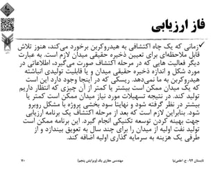 ‫ارزﻳﺎﺑﻲ‬ ‫ﻓﺎز‬
‫ﻣﻲ‬ ‫ﺑﺮﺧﻮرد‬ ‫ﻫﻴﺪروﻛﺮﺑﻦ‬ ‫ﺑﻪ‬ ‫اﻛﺘﺸﺎﻓﻲ‬ ‫ﭼﺎه‬ ‫ﻳﻚ‬ ‫ﻛﻪ‬ ‫زﻣﺎﻧﻲ‬‫ﻫﻨﻮ‬ ،‫ﻛﻨﺪ‬‫ﺗﻼش‬ ‫ز‬
‫ﻣﻼﺣﻈﻪ‬ ‫ﻗﺎﺑﻞ‬‫اﺳﺖ‬ ‫ﻻزم‬ ‫ﻣﻴﺪان‬ ‫ﺣﻘﻴﻘﻲ‬ ‫ذﺧﻴﺮه‬ ‫ﺗﻌﻴﻴﻦ‬ ‫ﺑﺮاي‬ ‫اي‬.‫ﻋ‬ ‫ﺑﻪ‬‫ﺒﺎرت‬
‫ﻣﻲ‬ ‫ﺻﻮرت‬ ‫اﻛﺘﺸﺎف‬ ‫ﻣﺮﺣﻠﻪ‬ ‫در‬ ‫ﻛﻪ‬ ‫ﻫﺎﻳﻲ‬ ‫ﻓﻌﺎﻟﻴﺖ‬ ‫دﻳﮕﺮ‬‫اﻃﻼﻋ‬ ،‫ﮔﻴﺮد‬‫در‬ ‫ﺎﺗﻲ‬
‫اﻧ‬ ‫ﺗﻮﻟﻴﺪي‬ ‫ﻗﺎﺑﻠﻴﺖ‬ ‫ﻳﺎ‬ ‫و‬ ‫ﻣﻴﺪان‬ ‫ﺣﻘﻴﻘﻲ‬ ‫ذﺧﻴﺮه‬ ‫اﻧﺪازه‬ ‫و‬ ‫ﺷﻜﻞ‬ ‫ﻣﻮرد‬‫ﺒﺎﺷﺘﻪ‬
‫ﻧﻤﻲ‬ ‫ﻣﺎ‬ ‫ﺑﻪ‬ ‫ﻫﻴﺪروﻛﺮﺑﻦ‬‫دﻫﺪ‬.‫اﺳﺖ‬ ‫اﻳﻦ‬ ‫دارد‬ ‫وﺟﻮد‬ ‫اﻳﻨﺠﺎ‬ ‫در‬ ‫ﻛﻪ‬ ‫رﻳﺴﻜﻲ‬
‫اﻧﺘﻈ‬ ‫ﻛﻪ‬ ‫ﭼﻴﺰي‬ ‫آن‬ ‫از‬ ‫ﻛﻤﺘﺮ‬ ‫ﻳﺎ‬ ‫ﺑﻴﺸﺘﺮ‬ ‫اﺳﺖ‬ ‫ﻣﻤﻜﻦ‬ ‫ﻣﻴﺪان‬ ‫ﻳﻚ‬ ‫ﻛﻪ‬‫دارﻳﻢ‬ ‫ﺎر‬
‫ﻛﻨﺪ‬ ‫ﺗﻮﻟﻴﺪ‬.‫ﻛ‬ ‫اﺳﺖ‬ ‫ﻣﻤﻜﻦ‬ ‫ﻣﻴﺪان‬ ‫ﻧﻴﺎز‬ ‫ﻣﻮرد‬ ‫ﺗﺴﻬﻴﻼت‬ ‫ﻧﺘﻴﺠﻪ‬ ‫در‬‫ﻳﺎ‬ ‫ﻤﺘﺮ‬
‫ﻣﺸﻜ‬ ‫ﺑﺎ‬ ‫ﭘﺮوژه‬ ‫ﺑﺨﺸﻲ‬ ‫ﺳﻮد‬ ‫ﻧﻬﺎﻳﺘﺎ‬ ‫و‬ ‫ﺷﻮد‬ ‫ﮔﺮﻓﺘﻪ‬ ‫ﻧﻈﺮ‬ ‫در‬ ‫ﺑﻴﺸﺘﺮ‬‫روﺑﺮو‬ ‫ﻞ‬
‫ﺷﻮد‬.‫ار‬ ‫ﺑﺮﻧﺎﻣﻪ‬ ‫ﻳﻚ‬ ‫اﻛﺘﺸﺎف‬ ‫ﻣﺮﺣﻠﻪ‬ ‫از‬ ‫ﺑﻌﺪ‬ ‫ﻛﻪ‬ ‫اﺳﺖ‬ ‫ﻻزم‬ ‫ﺑﻨﺎﺑﺮاﻳﻦ‬‫زﻳﺎﺑﻲ‬
‫ﮔﻴﺮد‬ ‫اﻧﺠﺎم‬ ‫ﺗﻜﻨﻴﻜﻲ‬ ‫ﺗﻮﺳﻌﻪ‬ ‫ﻛﺮدن‬ ‫ﺑﻬﻴﻨﻪ‬ ‫ﺟﻬﺖ‬.‫ﻣﻤﻜ‬ ‫ﺑﺮﻧﺎﻣﻪ‬ ‫اﻳﻦ‬‫اﺳﺖ‬ ‫ﻦ‬
‫و‬ ‫ﺑﻴﻨﺪازد‬ ‫ﺗﻌﻮﻳﻖ‬ ‫ﺑﻪ‬ ‫ﺳﺎل‬ ‫ﭼﻨﺪ‬ ‫ﺑﺮاي‬ ‫را‬ ‫ﻣﻴﺪان‬ ‫از‬ ‫اوﻟﻴﻪ‬ ‫ﻧﻔﺖ‬ ‫ﺗﻮﻟﻴﺪ‬‫از‬
‫ﻛﻨﺪ‬ ‫اﺿﺎﻓﻪ‬ ‫اوﻟﻴﻪ‬ ‫ﮔﺬاري‬ ‫ﺳﺮﻣﺎﻳﻪ‬ ‫ﺑﻪ‬ ‫ﻫﺰﻳﻨﻪ‬ ‫ﻳﻚ‬ ‫ﻃﺮﻓﻲ‬.
‫ﺗﺎﺑﺴﺘﺎن‬94-‫ح‬.‫اﻋﻠﻤﻲ‬‫ﻧﻴﺎ‬‫ﻳﻚ‬ ‫ﺣﻔﺎري‬ ‫ﻣﻬﻨﺪﺳﻲ‬)‫ﭘﻨﺠﻢ‬ ‫وﻳﺮاﻳﺶ‬(70
 