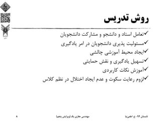 ‫ﺗﺪرﻳﺲ‬ ‫روش‬
‫داﻧﺸﺠﻮﻳﺎن‬ ‫ﻣﺸﺎرﻛﺖ‬ ‫و‬ ‫داﻧﺸﺠﻮ‬ ‫و‬ ‫اﺳﺘﺎد‬ ‫ﺗﻌﺎﻣﻞ‬
‫ﻳﺎدﮔﻴﺮي‬ ‫اﻣﺮ‬ ‫در‬ ‫داﻧﺸﺠﻮﻳﺎن‬ ‫ﭘﺬﻳﺮي‬ ‫ﻣﺴﺌﻮﻟﻴﺖ‬
‫ﭼﺎﻟﺸﻲ‬ ‫آﻣﻮزﺷﻲ‬ ‫ﻣﺤﻴﻂ‬ ‫اﻳﺠﺎد‬
‫ﺣﻤﺎﻳﺘﻲ‬ ‫ﻧﻘﺶ‬ ‫و‬ ‫ﻳﺎدﮔﻴﺮي‬ ‫ﺗﺴﻬﻴﻞ‬
‫ﻛﺎرﺑﺮدي‬ ‫ﻧﻜﺎت‬ ‫آﻣﻮزش‬
‫ﻛﻼس‬ ‫ﻧﻈﻢ‬ ‫در‬ ‫اﺧﺘﻼل‬ ‫اﻳﺠﺎد‬ ‫ﻋﺪم‬ ‫و‬ ‫ﺳﻜﻮت‬ ‫رﻋﺎﻳﺖ‬ ‫ﻟﺰوم‬
‫ﺗﺎﺑﺴﺘﺎن‬94-‫ح‬.‫اﻋﻠﻤﻲ‬‫ﻧﻴﺎ‬‫ﻳﻚ‬ ‫ﺣﻔﺎري‬ ‫ﻣﻬﻨﺪﺳﻲ‬)‫ﭘﻨﺠﻢ‬ ‫وﻳﺮاﻳﺶ‬(8
 