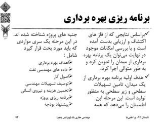 ‫ﺑﺮداري‬ ‫ﺑﻬﺮه‬ ‫رﻳﺰي‬ ‫ﺑﺮﻧﺎﻣﻪ‬
‫ﻫﺎي‬ ‫ﻓﺎز‬ ‫از‬ ‫ﻛﻪ‬ ‫ﻧﺘﺎﻳﺠﻲ‬ ‫ﺑﺮاﺳﺎس‬
‫آﻣﺪه‬ ‫ﺑﺪﺳﺖ‬ ‫ارزﻳﺎﺑﻲ‬ ‫و‬ ‫اﻛﺘﺸﺎف‬
‫ﻣﻮﺟﻮد‬ ‫اﻣﻜﺎﻧﺎت‬ ‫ﺑﺮرﺳﻲ‬ ‫ﺑﺎ‬ ‫و‬ ‫اﺳﺖ‬
‫ﻣﻲ‬ ‫ﻧﻬﺎﻳﺖ‬ ‫در‬‫ﺑﻬ‬ ‫ﺑﺮﻧﺎﻣﻪ‬ ‫ﻳﻚ‬ ‫ﺗﻮان‬‫ﺮه‬
‫و‬ ‫ﻛﺮد‬ ‫ﺗﺪوﻳﻦ‬ ‫را‬ ‫ﻣﻴﺪان‬ ‫از‬ ‫ﺑﺮداري‬
،‫ﻛﺮد‬ ‫اﺟﺮا‬ ‫ﻣﺘﻮاﻟﻲ‬ ‫ﻃﻮر‬ ‫ﺑﻪ‬
‫ا‬ ‫ﺑﺮداري‬ ‫ﺑﻬﺮه‬ ‫ﺑﺮﻧﺎﻣﻪ‬ ‫اوﻟﻴﻪ‬ ‫ﻫﺪف‬‫ز‬
‫ﺗﺴﻬﻴﻼت‬ ‫ﺗﺎﻣﻴﻦ‬ ،‫ﻣﻴﺪان‬ ‫ﻳﻚ‬
‫ﻣﻨﻈﻮر‬ ‫ﺑﻪ‬ ‫ﺳﻄﺤﻲ‬ ‫زﻳﺮ‬ ‫و‬ ‫ﺳﻄﺤﻲ‬
‫اﺳﺖ‬ ‫ﺗﻮﻟﻴﺪ‬.‫اﻳﻦ‬ ‫ﻣﺮﺣﻠﻪ‬ ‫اﻳﻦ‬
‫ﻣﻲ‬ ‫را‬ ‫اﻃﻤﻴﻨﺎن‬‫ﻫﻤﻪ‬ ‫ﻛﻪ‬ ‫دﻫﺪ‬
‫ﺟﻨﺒﻪ‬‫اﻧ‬ ‫ﺷﺪه‬ ‫ﺷﻨﺎﺧﺘﻪ‬ ‫ﭘﺮوژه‬ ‫ﻫﺎي‬‫ﺪ‬.
‫ﻣﻮاردي‬ ‫ﺳﺮي‬ ‫ﻳﻚ‬ ‫ﻣﺮﺣﻠﻪ‬ ‫اﻳﻦ‬ ‫در‬
‫ﮔﻴﺮد‬ ‫ﻗﺮار‬ ‫ﺑﺤﺚ‬ ‫ﻣﻮرد‬ ‫ﺑﺎﻳﺪ‬ ‫ﻛﻪ‬
‫ﺷﺎﻣﻞ‬: 
‫ﺑﺮداري‬ ‫ﺑﻬﺮه‬ ‫اﻫﺪاف‬
‫داده‬‫ﻧﻔﺖ‬ ‫ﻣﻬﻨﺪﺳﻲ‬ ‫ﻫﺎي‬
‫ﻛﺎر‬ ‫اﺻﻮل‬
‫ﻣﻬﻨﺪﺳﻲ‬ ‫ﺗﺴﻬﻴﻼت‬ ‫ﺗﻮﺻﻴﻒ‬
‫اﻧﺴﺎﻧﻲ‬ ‫ﻧﻴﺮوي‬ ‫و‬ ‫ﻫﺰﻳﻨﻪ‬ ‫ﺗﺨﻤﻴﻦ‬
‫ﭘﺮوژه‬ ‫رﻳﺰي‬ ‫ﺑﺮﻧﺎﻣﻪ‬
‫ﺑﻮدﺟﻪ‬ ‫ﭘﻴﺸﻨﻬﺎد‬
‫ﺗﺎﺑﺴﺘﺎن‬94-‫ح‬.‫اﻋﻠﻤﻲ‬‫ﻧﻴﺎ‬‫ﻳﻚ‬ ‫ﺣﻔﺎري‬ ‫ﻣﻬﻨﺪﺳﻲ‬)‫ﭘﻨﺠﻢ‬ ‫وﻳﺮاﻳﺶ‬(72
 