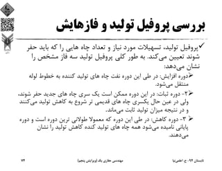 ‫ﻓﺎزﻫﺎﻳﺶ‬ ‫و‬ ‫ﺗﻮﻟﻴﺪ‬ ‫ﭘﺮوﻓﻴﻞ‬ ‫ﺑﺮرﺳﻲ‬
‫ﺑﺎﻳ‬ ‫ﻛﻪ‬ ‫را‬ ‫ﻫﺎﻳﻲ‬ ‫ﭼﺎه‬ ‫ﺗﻌﺪاد‬ ‫و‬ ‫ﻧﻴﺎز‬ ‫ﻣﻮرد‬ ‫ﺗﺴﻬﻴﻼت‬ ،‫ﺗﻮﻟﻴﺪ‬ ‫ﭘﺮوﻓﻴﻞ‬‫ﺣﻔﺮ‬ ‫ﺪ‬
‫ﻣﻲ‬ ‫ﺗﻌﻴﻴﻦ‬ ‫ﺷﻮﻧﺪ‬‫ﻛﻨﺪ‬.‫ﻣﺸ‬ ‫ﻓﺎز‬ ‫ﺳﻪ‬ ‫ﺗﻮﻟﻴﺪ‬ ‫ﭘﺮوﻓﻴﻞ‬ ‫ﻛﻠﻲ‬ ‫ﻃﻮر‬ ‫ﺑﻪ‬‫را‬ ‫ﺨﺺ‬
‫ﻣﻲ‬ ‫ﻧﺸﺎن‬‫دﻫﺪ‬:
‫اﻓﺰاﻳﺶ‬ ‫دوره‬:‫ﻟﻮﻟﻪ‬ ‫ﺧﻄﻮط‬ ‫ﺑﻪ‬ ‫ﻛﻨﻨﺪه‬ ‫ﺗﻮﻟﻴﺪ‬ ‫ﻫﺎي‬ ‫ﭼﺎه‬ ‫ﻧﻔﺖ‬ ‫دوره‬ ‫اﻳﻦ‬ ‫ﻃﻲ‬ ‫در‬
‫ﻣﻲ‬ ‫ﻣﻨﺘﻘﻞ‬‫ﺷﻮد‬.
2-‫ﺛﺒﺎت‬ ‫دوره‬:،‫ﺷﻮﻧﺪ‬ ‫ﺣﻔﺮ‬ ‫ﺟﺪﻳﺪ‬ ‫ﻫﺎي‬ ‫ﭼﺎه‬ ‫ﺳﺮي‬ ‫ﻳﻚ‬ ‫اﺳﺖ‬ ‫ﻣﻤﻜﻦ‬ ‫دوره‬ ‫اﻳﻦ‬ ‫در‬
‫ﻣﻲ‬ ‫ﺗﻮﻟﻴﺪ‬ ‫ﻛﺎﻫﺶ‬ ‫ﺑﻪ‬ ‫ﺷﺮوع‬ ‫ﺗﺮ‬ ‫ﻗﺪﻳﻤﻲ‬ ‫ﻫﺎي‬ ‫ﭼﺎه‬ ‫ﻳﻜﺴﺮي‬ ‫ﺣﺎل‬ ‫ﻋﻴﻦ‬ ‫در‬ ‫وﻟﻲ‬‫ﻛ‬‫ﻨﻨﺪ‬
‫ﻣﻲ‬ ‫ﺛﺎﺑﺖ‬ ‫ﺗﻮﻟﻴﺪ‬ ‫ﻣﻴﺰان‬ ‫ﻧﺘﻴﺠﻪ‬ ‫در‬ ‫و‬‫ﻣﺎﻧﺪ‬.
3-‫ﻛﺎﻫﺶ‬ ‫دوره‬:‫دوره‬ ‫و‬ ‫اﺳﺖ‬ ‫دوره‬ ‫ﺗﺮﻳﻦ‬ ‫ﻃﻮﻻﻧﻲ‬ ‫ﻣﻌﻤﻮﻻ‬ ‫ﻛﻪ‬ ‫دوره‬ ‫اﻳﻦ‬ ‫ﻃﻲ‬ ‫در‬
‫ﻣﻲ‬ ‫ﻧﺎﻣﻴﺪه‬ ‫ﭘﺎﻳﺎﻧﻲ‬‫ﻧﺸﺎن‬ ‫را‬ ‫ﺗﻮﻟﻴﺪ‬ ‫ﻛﺎﻫﺶ‬ ‫ﻛﻨﺪه‬ ‫ﺗﻮﻟﻴﺪ‬ ‫ﻫﺎي‬ ‫ﭼﺎه‬ ‫ﻫﻤﻪ‬ ‫ﺷﻮد‬
‫ﻣﻲ‬‫دﻫﻨﺪ‬.
‫ﺗﺎﺑﺴﺘﺎن‬94-‫ح‬.‫اﻋﻠﻤﻲ‬‫ﻧﻴﺎ‬‫ﻳﻚ‬ ‫ﺣﻔﺎري‬ ‫ﻣﻬﻨﺪﺳﻲ‬)‫ﭘﻨﺠﻢ‬ ‫وﻳﺮاﻳﺶ‬(74
 