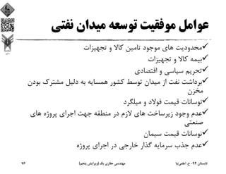 ‫ﻧﻔﺘﻲ‬ ‫ﻣﻴﺪان‬ ‫ﺗﻮﺳﻌﻪ‬ ‫ﻣﻮﻓﻘﻴﺖ‬ ‫ﻋﻮاﻣﻞ‬
‫ﺗﺠﻬﻴﺰات‬ ‫و‬ ‫ﻛﺎﻻ‬ ‫ﺗﺎﻣﻴﻦ‬ ‫ﻣﻮﺟﻮد‬ ‫ﻫﺎي‬ ‫ﻣﺤﺪودﻳﺖ‬
‫ﺗﺠﻬﻴﺰات‬ ‫و‬ ‫ﻛﺎﻻ‬ ‫ﺑﻴﻤﻪ‬
‫اﻗﺘﺼﺎدي‬ ‫و‬ ‫ﺳﻴﺎﺳﻲ‬ ‫ﺗﺤﺮﻳﻢ‬
‫ﺑ‬ ‫ﻣﺸﺘﺮك‬ ‫دﻟﻴﻞ‬ ‫ﺑﻪ‬ ‫ﻫﻤﺴﺎﻳﻪ‬ ‫ﻛﺸﻮر‬ ‫ﺗﻮﺳﻂ‬ ‫ﻣﻴﺪان‬ ‫از‬ ‫ﻧﻔﺖ‬ ‫ﺑﺮداﺷﺖ‬‫ﻮدن‬
‫ﻣﺨﺰن‬
‫ﻣﻴﻠﮕﺮد‬ ‫و‬ ‫ﻓﻮﻻد‬ ‫ﻗﻴﻤﺖ‬ ‫ﻧﻮﺳﺎﻧﺎت‬
‫ﻫﺎي‬ ‫ﭘﺮوژه‬ ‫اﺟﺮاي‬ ‫ﺟﻬﺖ‬ ‫ﻣﻨﻄﻘﻪ‬ ‫در‬ ‫ﻻزم‬ ‫ﻫﺎي‬ ‫زﻳﺮﺳﺎﺧﺖ‬ ‫وﺟﻮد‬ ‫ﻋﺪم‬
‫ﺻﻨﻌﺘﻲ‬
‫ﺳﻴﻤﺎن‬ ‫ﻗﻴﻤﺖ‬ ‫ﻧﻮﺳﺎﻧﺎت‬
‫ﭘﺮوژه‬ ‫اﺟﺮاي‬ ‫در‬ ‫ﺧﺎرﺟﻲ‬ ‫ﮔﺬار‬ ‫ﺳﺮﻣﺎﻳﻪ‬ ‫ﺟﺬب‬ ‫ﻋﺪم‬
‫ﺗﺎﺑﺴﺘﺎن‬94-‫ح‬.‫اﻋﻠﻤﻲ‬‫ﻧﻴﺎ‬‫ﻳﻚ‬ ‫ﺣﻔﺎري‬ ‫ﻣﻬﻨﺪﺳﻲ‬)‫ﭘﻨﺠﻢ‬ ‫وﻳﺮاﻳﺶ‬(76
 