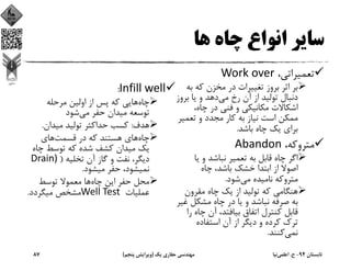 ‫ﻫﺎ‬ ‫ﭼﺎه‬ ‫اﻧﻮاع‬ ‫ﺳﺎﻳﺮ‬
،‫ﺗﻌﻤﻴﺮاﺗﻲ‬Work over
‫ﺑ‬ ‫ﻛﻪ‬ ‫ﻣﺨﺰن‬ ‫در‬ ‫ﺗﻐﻴﻴﺮات‬ ‫ﺑﺮوز‬ ‫اﺛﺮ‬ ‫ﺑﺮ‬‫ﻪ‬
‫ﻣﻲ‬ ‫رخ‬ ‫آن‬ ‫از‬ ‫ﺗﻮﻟﻴﺪ‬ ‫دﻧﺒﺎل‬‫ﺑﺮ‬ ‫ﻳﺎ‬ ‫و‬ ‫دﻫﺪ‬‫وز‬
،‫ﭼﺎه‬ ‫در‬ ‫ﻓﻨﻲ‬ ‫و‬ ‫ﻣﻜﺎﻧﻴﻜﻲ‬ ‫اﺷﻜﺎﻻت‬
‫ﺗﻌﻤﻴ‬ ‫و‬ ‫ﻣﺠﺪد‬ ‫ﻛﺎر‬ ‫ﺑﻪ‬ ‫ﻧﻴﺎز‬ ‫اﺳﺖ‬ ‫ﻣﻤﻜﻦ‬‫ﺮ‬
‫ﺑﺎﺷﺪ‬ ‫ﭼﺎه‬ ‫ﻳﻚ‬ ‫ﺑﺮاي‬.
،‫ﻣﺘﺮوﻛﻪ‬Abandon
‫ﻳﺎ‬ ‫و‬ ‫ﻧﺒﺎﺷﺪ‬ ‫ﺗﻌﻤﻴﺮ‬ ‫ﺑﻪ‬ ‫ﻗﺎﺑﻞ‬ ‫ﭼﺎه‬ ‫اﮔﺮ‬
‫ﭼﺎه‬ ،‫ﺑﺎﺷﺪ‬ ‫ﺧﺸﻚ‬ ‫اﺑﺘﺪا‬ ‫از‬ ‫اﺻﻮﻻ‬
‫ﻣﻲ‬ ‫ﻧﺎﻣﻴﺪه‬ ‫ﻣﺘﺮوﻛﻪ‬‫ﺷﻮد‬.
‫ﻣﻘﺮون‬ ‫ﭼﺎه‬ ‫ﻳﻚ‬ ‫از‬ ‫ﺗﻮﻟﻴﺪ‬ ‫ﻛﻪ‬ ‫ﻫﻨﮕﺎﻣﻲ‬
‫ﻏ‬ ‫ﻣﺸﻜﻞ‬ ‫ﭼﺎه‬ ‫در‬ ‫ﻳﺎ‬ ‫و‬ ‫ﻧﺒﺎﺷﺪ‬ ‫ﺻﺮﻓﻪ‬ ‫ﺑﻪ‬‫ﻴﺮ‬
‫ﭼﺎه‬ ‫آن‬ ،‫ﺑﻴﺎﻓﺘﺪ‬ ‫اﺗﻔﺎق‬ ‫ﻛﻨﺘﺮل‬ ‫ﻗﺎﺑﻞ‬‫را‬
‫اﺳﺘﻔﺎده‬ ‫آن‬ ‫از‬ ‫دﻳﮕﺮ‬ ‫و‬ ‫ﻛﺮده‬ ‫ﺗﺮك‬
‫ﻧﻤﻲ‬‫ﻛﻨﻨﺪ‬.
Infill well:
‫ﭼﺎه‬‫ﻣﺮﺣﻠﻪ‬ ‫اوﻟﻴﻦ‬ ‫از‬ ‫ﭘﺲ‬ ‫ﻛﻪ‬ ‫ﻫﺎﻳﻲ‬
‫ﻣﻲ‬ ‫ﺣﻔﺮ‬ ‫ﻣﻴﺪان‬ ‫ﺗﻮﺳﻌﻪ‬‫ﺷﻮد‬
‫ﻫﺪف‬:‫ﻣﻴﺪان‬ ‫ﺗﻮﻟﻴﺪ‬ ‫ﺣﺪاﻛﺜﺮ‬ ‫ﻛﺴﺐ‬.
‫ﭼﺎه‬‫ﻗﺴﻤﺖ‬ ‫در‬ ‫ﻛﻪ‬ ‫ﻫﺴﺘﻨﺪ‬ ‫ﻫﺎي‬‫ﻫﺎي‬
‫ﭼﺎ‬ ‫ﺗﻮﺳﻂ‬ ‫ﻛﻪ‬ ‫ﺷﺪه‬ ‫ﻛﺸﻒ‬ ‫ﻣﻴﺪان‬ ‫ﻳﻚ‬‫ه‬
‫ﺗﺨﻠﻴﻪ‬ ‫آن‬ ‫ﮔﺎز‬ ‫و‬ ‫ﻧﻔﺖ‬ ،‫دﻳﮕﺮ‬)Drain) 
‫ﻣﻴﺸﻮد‬ ‫ﺣﻔﺮ‬ ،‫ﻧﻤﻴﺸﻮد‬.
‫ﭼﺎه‬ ‫اﻳﻦ‬ ‫ﺣﻔﺮ‬ ‫ﻣﺤﻞ‬‫ﺗﻮﺳﻂ‬ ‫ﻣﻌﻤﻮﻻ‬ ‫ﻫﺎ‬
‫ﻋﻤﻠﻴﺎت‬Well Test ‫ﻣﻴﮕﺮدد‬ ‫ﻣﺸﺨﺺ‬.
‫ﺗﺎﺑﺴﺘﺎن‬94-‫ح‬.‫اﻋﻠﻤﻲ‬‫ﻧﻴﺎ‬‫ﻳﻚ‬ ‫ﺣﻔﺎري‬ ‫ﻣﻬﻨﺪﺳﻲ‬)‫ﭘﻨﺠﻢ‬ ‫وﻳﺮاﻳﺶ‬(87
 