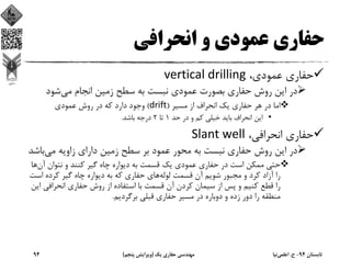 ‫اﻧﺤﺮاﻓﻲ‬ ‫و‬ ‫ﻋﻤﻮدي‬ ‫ﺣﻔﺎري‬
،‫ﻋﻤﻮدي‬ ‫ﺣﻔﺎري‬vertical drilling
‫ﻣﻲ‬ ‫اﻧﺠﺎم‬ ‫زﻣﻴﻦ‬ ‫ﺳﻄﺢ‬ ‫ﺑﻪ‬ ‫ﻧﺒﺴﺖ‬ ‫ﻋﻤﻮدي‬ ‫ﺑﺼﻮرت‬ ‫ﺣﻔﺎري‬ ‫روش‬ ‫اﻳﻦ‬ ‫در‬‫ﺷﻮد‬
‫ﻣﺴﻴﺮ‬ ‫از‬ ‫اﻧﺤﺮاف‬ ‫ﻳﻚ‬ ‫ﺣﻔﺎري‬ ‫ﻫﺮ‬ ‫در‬ ‫اﻣﺎ‬)drift(‫ﻋﻤﻮدي‬ ‫روش‬ ‫در‬ ‫ﻛﻪ‬ ‫دارد‬ ‫وﺟﻮد‬
•‫ﺣﺪ‬ ‫در‬ ‫و‬ ‫ﻛﻢ‬ ‫ﺧﻴﻠﻲ‬ ‫ﺑﺎﻳﺪ‬ ‫اﻧﺤﺮاف‬ ‫اﻳﻦ‬1‫ﺗﺎ‬2‫ﺑﺎﺷﺪ‬ ‫درﺟﻪ‬.
،‫اﻧﺤﺮاﻓﻲ‬ ‫ﺣﻔﺎري‬Slant well
‫ﻣﻲ‬ ‫زاوﻳﻪ‬ ‫داراي‬ ‫زﻣﻴﻦ‬ ‫ﺳﻄﺢ‬ ‫ﺑﺮ‬ ‫ﻋﻤﻮد‬ ‫ﻣﺤﻮر‬ ‫ﺑﻪ‬ ‫ﻧﺒﺴﺖ‬ ‫ﺣﻔﺎري‬ ‫روش‬ ‫اﻳﻦ‬ ‫در‬‫ﺑﺎﺷ‬‫ﺪ‬
‫آن‬ ‫ﻧﺘﻮان‬ ‫و‬ ‫ﻛﻨﻨﺪ‬ ‫ﮔﻴﺮ‬ ‫ﭼﺎه‬ ‫دﻳﻮاره‬ ‫ﺑﻪ‬ ‫ﻗﺴﻤﺖ‬ ‫ﻳﻚ‬ ‫ﻋﻤﻮدي‬ ‫ﺣﻔﺎري‬ ‫در‬ ‫اﺳﺖ‬ ‫ﻣﻤﻜﻦ‬ ‫ﺣﺘﻲ‬‫ﻫﺎ‬
‫ﻟﻮﻟﻪ‬ ‫ﻗﺴﻤﺖ‬ ‫آن‬ ‫ﺷﻮﻳﻢ‬ ‫ﻣﺠﺒﻮر‬ ‫و‬ ‫ﻛﺮد‬ ‫آزاد‬ ‫را‬‫اﺳ‬ ‫ﻛﺮده‬ ‫ﮔﻴﺮ‬ ‫ﭼﺎه‬ ‫دﻳﻮاره‬ ‫ﺑﻪ‬ ‫ﻛﻪ‬ ‫ﺣﻔﺎري‬ ‫ﻫﺎي‬‫ﺖ‬
‫اﻧﺤﺮاﻓﻲ‬ ‫ﺣﻔﺎري‬ ‫روش‬ ‫از‬ ‫اﺳﺘﻔﺎده‬ ‫ﺑﺎ‬ ‫ﻗﺴﻤﺖ‬ ‫آن‬ ‫ﻛﺮدن‬ ‫ﺳﻴﻤﺎن‬ ‫از‬ ‫ﭘﺲ‬ ‫و‬ ‫ﻛﻨﻴﻢ‬ ‫ﻗﻄﻊ‬ ‫را‬‫اﻳﻦ‬
‫ﺑﺮﮔﺮدﻳﻢ‬ ‫ﻗﺒﻠﻲ‬ ‫ﺣﻔﺎري‬ ‫ﻣﺴﻴﺮ‬ ‫در‬ ‫دوﺑﺎره‬ ‫و‬ ‫زده‬ ‫دور‬ ‫را‬ ‫ﻣﻨﻄﻘﻪ‬.
‫ﺗﺎﺑﺴﺘﺎن‬94-‫ح‬.‫اﻋﻠﻤﻲ‬‫ﻧﻴﺎ‬‫ﻳﻚ‬ ‫ﺣﻔﺎري‬ ‫ﻣﻬﻨﺪﺳﻲ‬)‫ﭘﻨﺠﻢ‬ ‫وﻳﺮاﻳﺶ‬(94
 