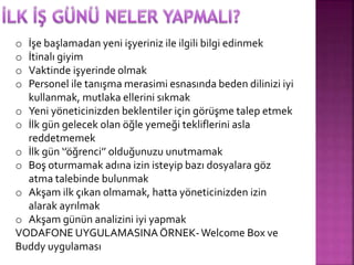 o İşe başlamadan yeni işyeriniz ile ilgili bilgi edinmek 
o İtinalı giyim 
o Vaktinde işyerinde olmak 
o Personel ile tanışma merasimi esnasında beden dilinizi iyi 
kullanmak, mutlaka ellerini sıkmak 
o Yeni yöneticinizden beklentiler için görüşme talep etmek 
o İlk gün gelecek olan öğle yemeği tekliflerini asla 
reddetmemek 
o İlk gün ‘’öğrenci’’ olduğunuzu unutmamak 
o Boş oturmamak adına izin isteyip bazı dosyalara göz 
atma talebinde bulunmak 
o Akşam ilk çıkan olmamak, hatta yöneticinizden izin 
alarak ayrılmak 
o Akşam günün analizini iyi yapmak 
VODAFONE UYGULAMASINA ÖRNEK-Welcome Box ve 
Buddy uygulaması 
 