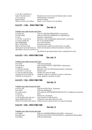 A ó fi obì se ìwádìí ibi tí a
ó gbe sí fún àwon ìyàmi. Perguntar com noz de cola onde depositar para as ìyámi,
[ A ó pe ofò rè]. Pronunciando a encantação.
Ejìnrìn Olókun Ejìnrìn de olókun.
Ejìnrìn iwo mà ni awo olókun. Ejìnrìn, você é mesmo o awo de olókun.
6.9.3 (271 – 1189) – Wg W˜ ÌYÓNÚ ÌYÀMI
Òe¢‘ m’ jì, 10
Trabalho para obter favores das Ìy§ mi.
Èso àkàrà osó Fruto de CNESTIS FERRUGINEA, Connaraceae
Ewé àjé kòbàlé Folha de CROTON ZAMBESICUS, Euphorbiaceae
A ó jó o. Queimar os ingredientes.
A ó fi tefá. A o pe ofò rè. Desenhar o odu na preparação, pronunciando a encantação.
A ó máa lá á pèlú epo De vez em quando lamber
pupa látìgbàdégbà. com azeite de dendê.
Àjé n´ ké kára kára Feiticeiras gritam alto
Wón ní eye òrò ló wòlú. Elas dizem que o pássaro do mal já entrou na cidade.
Àkàrà osó kì í jé kí àjé kó pa osó Àkàrà osó não deixa as feiticeiras matarem o feiticeiro.
Àjé kòbálé ó ní kí eye ó má bà lé mi.
Àjé kòbàlé diz que aquele pássaro não se empoleirará em mim.
6.9.4 (272 - 1191) – Wg W˜ ÌYÓNÚ ÌY˜ MI
Òe¢‘ m’ jì, 10
Trabalho para obter favores das Ìy§ mi.
Ewé àsábá Folha não identificada.
Ewé asoféyeje Folha de RAUVOLFIA VOMITORIA, Apocynaceae
A ó gún un. Moer as folhas.
A ó tefá lórí ìyèròsùn. Desenhar o odu em ìyèròsùn pronunciando a encantação.
A ó pe ofò rè, a ó dà á pò. Misturar tudo.
A ó máa lá a pèlú epo pupa. Lamber com azeite de dendê.
Asoféyeje bá mi be ìyàmi àjé Asoféyeje, ajude-me a pacificar as ìyàmi, as feiticeiras.
Àsábá bá mi be ìyàmi àjé Asaba, ajude-me a pacificar as ìyàmi.
6.9.5 (273 - 1195) – Wg W˜ ÌYÓNÚ ÌYÀMI
Òe¢‘ m’ jì, 10
Trabalho para obter favores de Ìyàmi.
Ewé kere yàlè Folha de PANICUM sp., Gramineae
Ewé elémú Folha não identificada
Èyo ataare mésàn Nove grãos de AFRAMOMIUM MELEGUETA, Zingiberaceae (amomo)
A ó gún un. Moer.
A ó pe ofò rè. Pronunciar a encantação.
A ó fi sín gbéré yípo orùn owó. Fazer incisões ao redor do pulso.
Àjé kò gbodò je kere yàlè. A feiticeira nunca debe comer kere yàlè.
Elémú ó ní kí ìyàmi má lè mú mi. Elèémú diz que a ìyàmi não deve ser capaz de me pegar.
6.9.6 (274 - 1200) – Wg W˜ ÌYÓNÚ ÌYÀMI
Òe¢‘ m’ jì, 10
Trabalho para obter favores das Ìyàmi
Ewé dàgbà Folha de CLERODENDRUM VOLUBILE, Verbenaceae
Ewé ògùn bèrè Folha de LEUCAENA LEUCOCEPHALA, Leguminosae Mimosoideae
Ewé kékétu Folha não identificada.
 