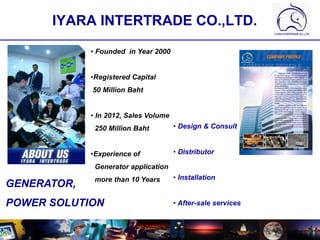 IYARA INTERTRADE CO.,LTD.
• Design & Consult
• Distributor
• Installation
• After-sale services
• Founded in Year 2000
•Registered Capital
50 Million Baht
• In 2012, Sales Volume
250 Million Baht
•Experience of
Generator application
more than 10 Years
GENERATOR,
POWER SOLUTION
 