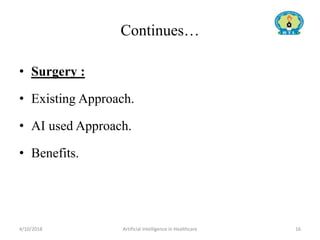 Continues…
• Surgery :
• Existing Approach.
• AI used Approach.
• Benefits.
4/10/2018 Artificial Intelligence in Healthcare 16
 