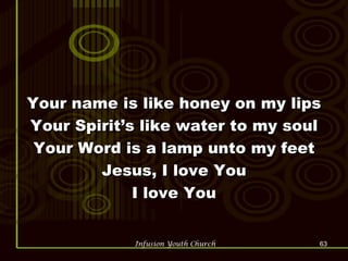 Your name is like honey on my lips Your Spirit’s like water to my soul Your Word is a lamp unto my feet Jesus, I love You I love You 