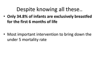 Despite knowing all these..
• Only 34.8% of infants are exclusively breastfed
for the first 6 months of life
• Most important intervention to bring down the
under 5 mortality rate
 