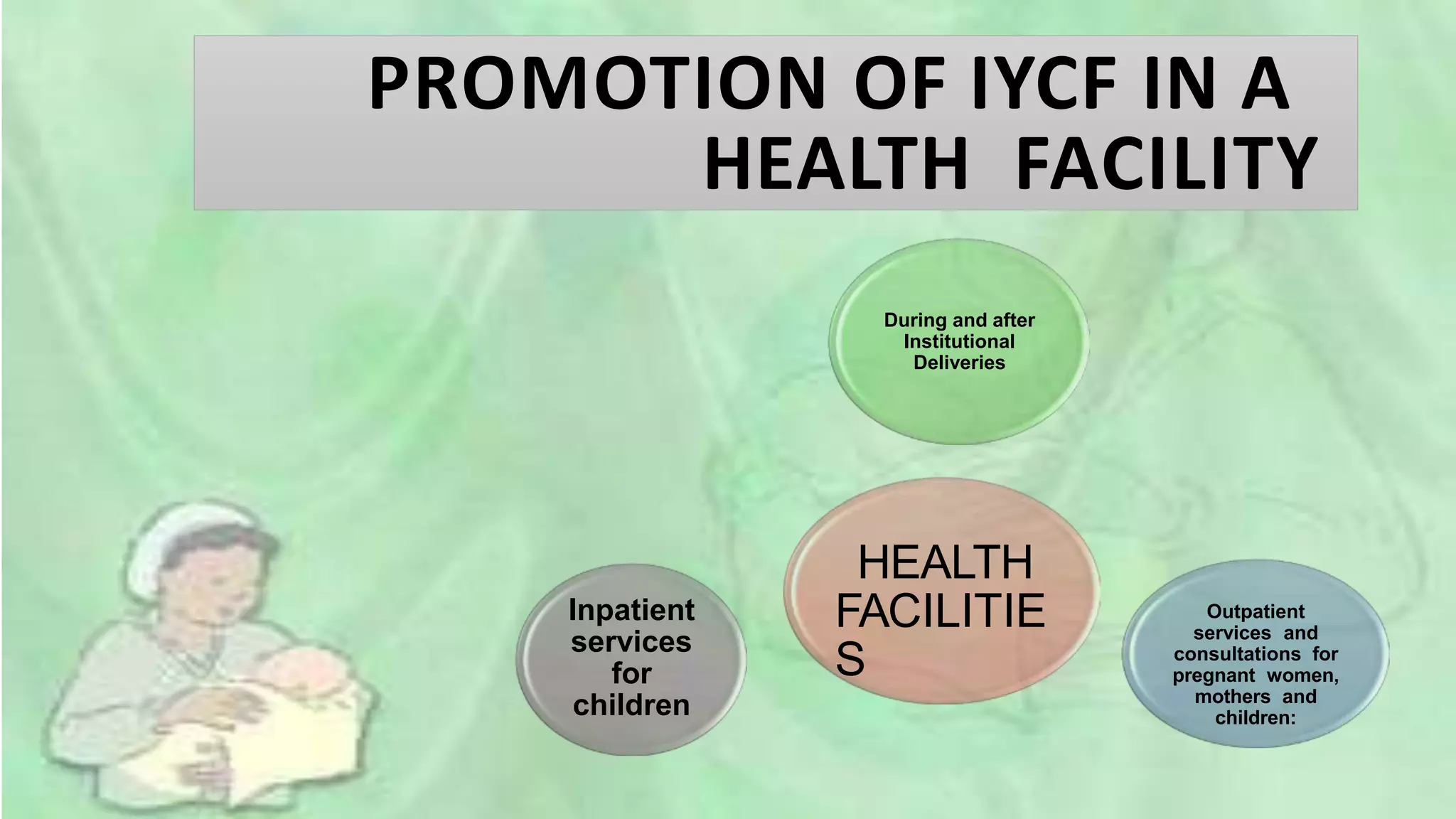 HEALTH
FACILITIE
S
During and after
Institutional
Deliveries
Outpatient
services and
consultations for
pregnant women,
mothers and
children:
Inpatient
services
for
children
PROMOTION OF IYCF IN A
HEALTH FACILITY
 