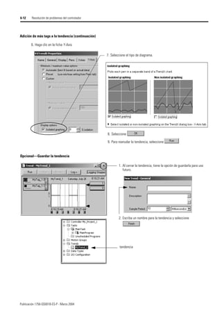 Publicación 1756-QS001B-ES-P - Marzo 2004
6-12 Resolución de problemas del controlador
Adición de más tags a la tendencia (continuación)
6. Haga clic en la ficha Y-Axis.
8. Seleccione
9. Para reanudar la tendencia, seleccione
7. Seleccione el tipo de diagrama.
Opcional—Guardar la tendencia
1. Al cerrar la tendencia, tiene la opción de guardarla para uso
futuro.
2. Escriba un nombre para la tendencia y seleccione
tendencia
 