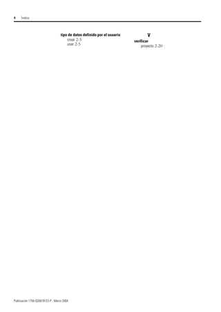 Publicación 1756-QS001B-ES-P - Marzo 2004
4 Íindice
tipo de datos definido por el usuario
crear 2-5
usar 2-5
V
verificar
proyecto 2-20
 