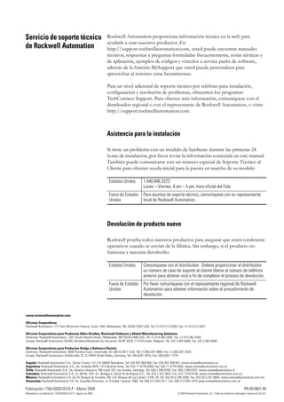 Publicación 1756-QS001B-ES-P - Marzo 2004 2 PN 957867-49
Reemplaza a la publicación 1756-QS001A-ES-P - Agosto de 2003 © 2004 Rockwell Automation, Inc. Todos los derechos reservados. Impreso en EE.UU.
Servicio de soporte técnico
de Rockwell Automation
Rockwell Automation proporciona información técnica en la web para
ayudarle a usar nuestros productos. En
http://support.rockwellautomation.com, usted puede encontrar manuales
técnicos, respuestas a preguntas formuladas frecuentemente, notas técnicas y
de aplicación, ejemplos de códigos y vínculos a service packs de software,
además de la función MySupport que usted puede personalizar para
aprovechar al máximo estas herramientas.
Para un nivel adicional de soporte técnico por teléfono para instalación,
configuración y resolución de problemas, ofrecemos los programas
TechConnect Support. Para obtener más información, comuníquese con el
distribuidor regional o con el representante de Rockwell Automation, o visite
http://support.rockwellautomation.com.
Asistencia para la instalación
Si tiene un problema con un módulo de hardware durante las primeras 24
horas de instalación, por favor revise la información contenida en este manual.
También puede comunicarse con un número especial de Soporte Técnico al
Cliente para obtener ayuda inicial para la puesta en marcha de su module:
Devolución de producto nuevo
Rockwell prueba todos nuestros productos para asegurar que estén totalmente
operativos cuando se envían de la fábrica. Sin embargo, si el producto no
funciona y necesita devolverlo:
Estados Unidos 1.440.646.3223
Lunes – Viernes, 8 am – 5 pm, hora oficial del Este
Fuera de Estados
Unidos
Para asuntos de soporte técnico, comuníquese con su representante
local de Rockwell Automation.
Estados Unidos Comuníquese con el distribuidor. Deberá proporcionar al distribuidor
un número de caso de soporte al cliente (llame al número de teléfono
anterior para obtener uno) a fin de completar el proceso de devolución.
Fuera de Estados
Unidos
Por favor comuníquese con el representante regional de Rockwell
Automation para obtener información sobre el procedimiento de
devolución.
 