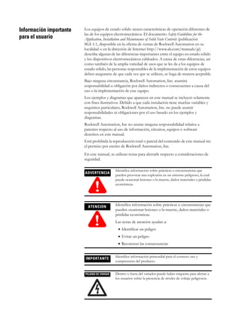 Información importante
para el usuario
Los equipos de estado sólido tienen características de operación diferentes de
las de los equipos electromecánicos. El documento Safety Guidelines for the
Application, Installation and Maintenance of Solid State Controls (publicación
SGI-1.1, disponible en la oficina de ventas de Rockwell Automation en su
localidad o en la dirección de Internet http://www.ab.com/manuals/gi)
describe algunas de las diferencias importantes entre el equipo en estado sólido
y los dispositivos electromecánicos cableados. A causa de estas diferencias, así
como también de la amplia variedad de usos que se les da a los equipos de
estado sólido, las personas responsables de la implementación de estos equipos
deben asegurarse de que cada vez que se utilicen, se haga de manera aceptable.
Bajo ninguna circunstancia, Rockwell Automation, Inc. asumirá
responsabilidad u obligación por daños indirectos o consecuentes a causa del
uso o la implementación de este equipo.
Los ejemplos y diagramas que aparecen en este manual se incluyen solamente
con fines ilustrativos. Debido a que cada instalación tiene muchas variables y
requisitos particulares, Rockwell Automation, Inc. no puede asumir
responsabilidades ni obligaciones por el uso basado en los ejemplos y
diagramas.
Rockwell Automation, Inc no asume ninguna responsabilidad relativa a
patentes respecto al uso de información, circuitos, equipos o software
descritos en este manual.
Está prohibida la reproducción total o parcial del contenido de este manual sin
el permiso por escrito de Rockwell Automation, Inc.
En este manual, se utilizan notas para alertarle respecto a consideraciones de
seguridad.
ADVERTENCIA
!
Identifica información sobre prácticas o circunstancias que
pueden provocar una explosión en un entorno peligroso, la cual
puede ocasionar lesiones o la muerte, daños materiales o pérdidas
económicas.
ATENCIÓN
!
Identifica información sobre prácticas o circunstancias que
pueden ocasionar lesiones o la muerte, daños materiales o
pérdidas económicas.
Las notas de atención ayudan a:
• Identificar un peligro
• Evitar un peligro
• Reconocer las consecuencias
IMPORTANTE
Identifica información primordial para el correcto uso y
comprensión del producto.
PELIGRO DE CHOQUE Dentro o fuera del variador puede haber etiquetas para alertar a
los usuarios sobre la presencia de niveles de voltaje peligrosos.
 