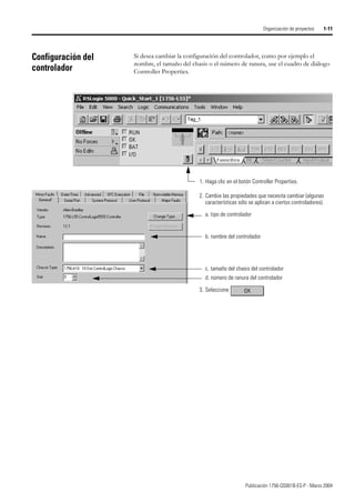 Publicación 1756-QS001B-ES-P - Marzo 2004
Organización de proyectos 1-11
Configuración del
controlador
Si desea cambiar la configuración del controlador, como por ejemplo el
nombre, el tamaño del chasis o el número de ranura, use el cuadro de diálogo
Controller Properties.
2. Cambie las propiedades que necesita cambiar (algunas
características sólo se aplican a ciertos controladores).
c. tamaño del chasis del controlador
b. nombre del controlador
d. número de ranura del controlador
3. Seleccione
1. Haga clic en el botón Controller Properties.
a. tipo de controlador
 