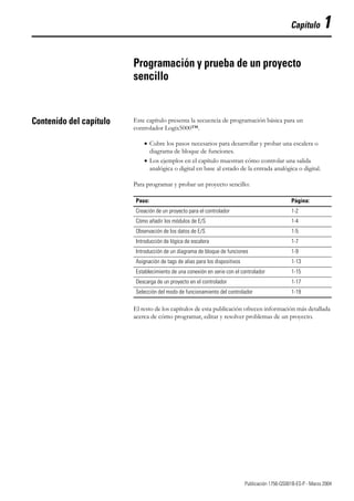 1 Publicación 1756-QS001B-ES-P - Marzo 2004
Capítulo 1
Programación y prueba de un proyecto
sencillo
Contenido del capítulo Este capítulo presenta la secuencia de programación básica para un
controlador Logix5000™.
• Cubre los pasos necesarios para desarrollar y probar una escalera o
diagrama de bloque de funciones.
• Los ejemplos en el capítulo muestran cómo controlar una salida
analógica o digital en base al estado de la entrada analógica o digital.
Para programar y probar un proyecto sencillo:
El resto de los capítulos de esta publicación ofrecen información más detallada
acerca de cómo programar, editar y resolver problemas de un proyecto.
Paso: Página:
Creación de un proyecto para el controlador 1-2
Cómo añadir los módulos de E/S 1-4
Observación de los datos de E/S 1-5
Introducción de lógica de escalera 1-7
Introducción de un diagrama de bloque de funciones 1-9
Asignación de tags de alias para los dispositivos 1-13
Establecimiento de una conexión en serie con el controlador 1-15
Descarga de un proyecto en el controlador 1-17
Selección del modo de funcionamiento del controlador 1-19
 