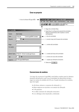 Publicación 1756-QS001B-ES-P - Marzo 2004
Programación y prueba de un proyecto sencillo 1-3
Crear un proyecto
Convenciones de nombres
A lo largo de un proyecto Logix5000, usted define nombres para los distintos
elementos del proyecto, como son el controlador, las direcciones de datos
(tags), las rutinas, los módulos de E/S, etc. Cuando introduzca los nombres,
siga estas reglas:
• sólo letras, números y caracteres de subrayado (_)
• deben empezar con una letra o un carácter de subrayado
• ≤ 40 caracteres
• no utilice caracteres de subrayado consecutivo
• no se distingue entre mayúsculas y minúsculas
1. Inicie el software RSLogix 5000.
3. Especifique la configuración general del controlador
(algunas características sólo se aplican a ciertos
controladores).
c. nombre del controlador
b. revisión mayor del firmware del controlador
d. tamaño del chasis del controlador
e. número de ranura del controlador
f. carpeta que almacena el proyecto
4. Seleccione
2. Haga clic en el botón New.
a. tipo de controlador
 