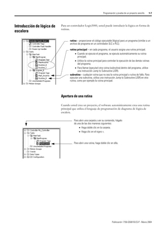 Publicación 1756-QS001B-ES-P - Marzo 2004
Programación y prueba de un proyecto sencillo 1-7
Introducción de lógica de
escalera
Para un controlador Logix5000, usted puede introducir la lógica en forma de
rutinas.
Apertura de una rutina
Cuando usted crea un proyecto, el software automáticamente crea una rutina
principal que utiliza el lenguaje de programación de diagrama de lógica de
escalera.
rutina – proporcionar el código ejecutable (lógica) para un programa (similar a un
archivo de programa en un controlador SLC o PLC).
rutina principal – en cada programa, el usuario asigna una rutina principal.
• Cuando se ejecuta el programa, se ejecuta automáticamente su rutina
principal.
• Utilice la rutina principal para controlar la ejecución de las demás rutinas
del programa.
• Para llamar (ejecutar) otra rutina (subrutina) dentro del programa, utilice
una instrucción Jump to Subroutine (JSR).
subrutina – cualquier rutina que no sea la rutina principal o rutina de fallo. Para
ejecutar una subrutina, utilice una instrucción Jump to Subroutine (JSR) en otra
rutina, como por ejemplo la rutina principal.
Para abrir una carpeta y ver su contenido, hágalo
de una de las dos maneras siguientes:
• Haga doble clic en la carpeta.
• Haga clic en el signo +.
Para abrir una rutina, haga doble clic en ella.
 