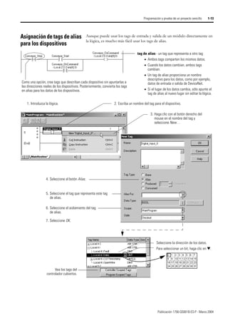 Publicación 1756-QS001B-ES-P - Marzo 2004
Programación y prueba de un proyecto sencillo 1-13
Asignación de tags de alias
para los dispositivos
Aunque puede usar los tags de entrada y salida de un módulo directamente en
la lógica, es mucho más fácil usar los tags de alias.
tag de alias - un tag que representa a otro tag
• Ambos tags comparten los mismos datos.
• Cuando los datos cambian, ambos tags
cambian.
• Un tag de alias proporciona un nombre
descriptivo para los datos, como por ejemplo,
datos de entrada o salida de DeviceNet.
• Si el lugar de los datos cambia, sólo apunte el
tag de alias al nuevo lugar sin editar la lógica.
Como una opción, cree tags que describan cada dispositivo sin apuntarlas a
las direcciones reales de los dispositivos. Posteriormente, convierta los tags
en alias para los datos de los dispositivos.
Seleccione la dirección de los datos.
Para seleccionar un bit, haga clic en ▼.
3. Haga clic con el botón derecho del
mouse en el nombre del tag y
seleccione New…
4. Seleccione el botón Alias.
6. Seleccione el aislamiento del tag
de alias.
7. Seleccione OK.
Vea los tags del
controlador cubiertos.
5. Seleccione el tag que representa este tag
de alias.
1. Introduzca la lógica. 2. Escriba un nombre del tag para el dispositivo.
 