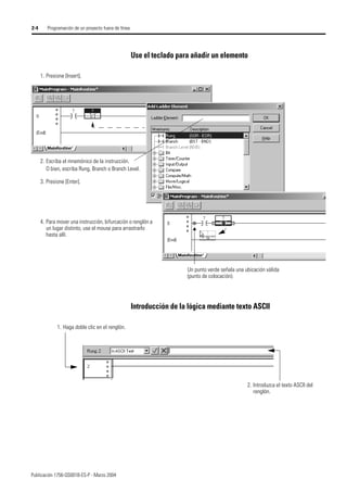 Publicación 1756-QS001B-ES-P - Marzo 2004
2-4 Programación de un proyecto fuera de línea
Use el teclado para añadir un elemento
Introducción de la lógica mediante texto ASCII
1. Presione [Insert].
2. Escriba el mnemónico de la instrucción.
O bien, escriba Rung, Branch o Branch Level.
3. Presione [Enter].
Un punto verde señala una ubicación válida
(punto de colocación).
4. Para mover una instrucción, bifurcación o renglón a
un lugar distinto, use el mouse para arrastrarlo
hasta allí.
2. Introduzca el texto ASCII del
renglón.
1. Haga doble clic en el renglón.
 