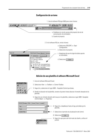 Publicación 1756-QS001B-ES-P - Marzo 2004
Programación de un proyecto fuera de línea 2-13
Configuración de un tema
Adición de una plantilla al software Microsoft Excel
1. Use el software RSLogix 5000 para crear el tema:
a. Establezca la ruta de acceso del proyecto (la vía de
comunicación al controlador).
b. Guarde el proyecto.
2. En el software RSLinx, revise el tema:
a. Seleccione DDE/OPC ⇒ Topic
Configuration.
b. Seleccione el proyecto.
c. Asegúrese de que el origen de datos apunte
al controlador.
d. Seleccione
1. Inicie el software Microsoft Excel.
2. Seleccione View ⇒ Toolbars ⇒ Control Toolbox.
3. Haga clic y seleccione el Logix 5000... Faceplate Control que desea.
4. Desde la ubicación de la plantilla, arrastre el puntero hasta alcanzar el tamaño deseado de la
plantilla.
5. Haga clic con el botón derecho del mouse en la plantilla y seleccione Logix 5000...Faceplate
Control Object ⇒ Properties.
6. Haga clic y desplácese hasta el tag controlado por la
plantilla.
7. Seleccione el período de actualización del control.
8. Seleccione
9. Haga clic aquí para salir del modo de diseño y utilizar el
control.
 