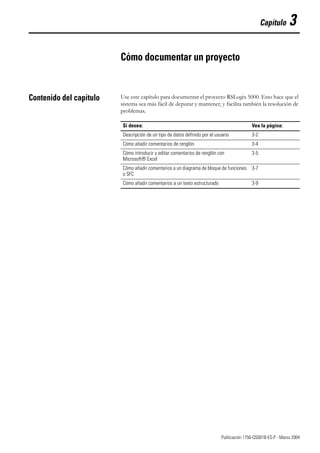 1 Publicación 1756-QS001B-ES-P - Marzo 2004
Capítulo 3
Cómo documentar un proyecto
Contenido del capítulo Use este capítulo para documentar el proyecto RSLogix 5000. Esto hace que el
sistema sea más fácil de depurar y mantener, y facilita también la resolución de
problemas.
Si desea: Vea la página:
Descripción de un tipo de datos definido por el usuario 3-2
Cómo añadir comentarios de renglón 3-4
Cómo introducir y editar comentarios de renglón con
Microsoft® Excel
3-5
Cómo añadir comentarios a un diagrama de bloque de funciones
o SFC
3-7
Cómo añadir comentarios a un texto estructurado 3-9
 