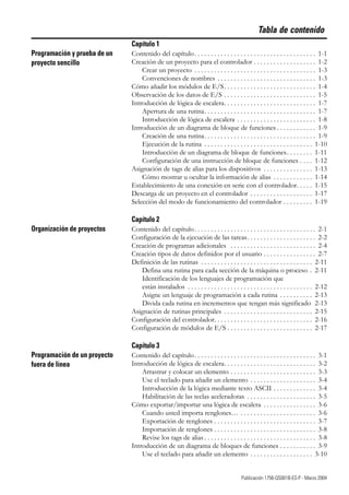 i Publicación 1756-QS001B-ES-P - Marzo 2004
Tabla de contenido
Capítulo 1
Programación y prueba de un
proyecto sencillo
Contenido del capítulo. . . . . . . . . . . . . . . . . . . . . . . . . . . . . . . . . . . . . 1-1
Creación de un proyecto para el controlador . . . . . . . . . . . . . . . . . . . 1-2
Crear un proyecto . . . . . . . . . . . . . . . . . . . . . . . . . . . . . . . . . . . . . 1-3
Convenciones de nombres . . . . . . . . . . . . . . . . . . . . . . . . . . . . . . 1-3
Cómo añadir los módulos de E/S. . . . . . . . . . . . . . . . . . . . . . . . . . . . 1-4
Observación de los datos de E/S . . . . . . . . . . . . . . . . . . . . . . . . . . . . 1-5
Introducción de lógica de escalera. . . . . . . . . . . . . . . . . . . . . . . . . . . . 1-7
Apertura de una rutina. . . . . . . . . . . . . . . . . . . . . . . . . . . . . . . . . . 1-7
Introducción de lógica de escalera . . . . . . . . . . . . . . . . . . . . . . . . 1-8
Introducción de un diagrama de bloque de funciones . . . . . . . . . . . . 1-9
Creación de una rutina. . . . . . . . . . . . . . . . . . . . . . . . . . . . . . . . . . 1-9
Ejecución de la rutina . . . . . . . . . . . . . . . . . . . . . . . . . . . . . . . . . 1-10
Introducción de un diagrama de bloque de funciones. . . . . . . . 1-11
Configuración de una instrucción de bloque de funciones . . . . 1-12
Asignación de tags de alias para los dispositivos . . . . . . . . . . . . . . . 1-13
Cómo mostrar u ocultar la información de alias . . . . . . . . . . . . 1-14
Establecimiento de una conexión en serie con el controlador. . . . . 1-15
Descarga de un proyecto en el controlador . . . . . . . . . . . . . . . . . . . 1-17
Selección del modo de funcionamiento del controlador . . . . . . . . . 1-19
Capítulo 2
Organización de proyectos Contenido del capítulo. . . . . . . . . . . . . . . . . . . . . . . . . . . . . . . . . . . . . 2-1
Configuración de la ejecución de las tareas. . . . . . . . . . . . . . . . . . . . . 2-2
Creación de programas adicionales . . . . . . . . . . . . . . . . . . . . . . . . . . 2-4
Creación tipos de datos definidos por el usuario . . . . . . . . . . . . . . . . 2-7
Definición de las rutinas . . . . . . . . . . . . . . . . . . . . . . . . . . . . . . . . . . 2-11
Defina una rutina para cada sección de la máquina o proceso . 2-11
Identificación de los lenguajes de programación que
están instalados . . . . . . . . . . . . . . . . . . . . . . . . . . . . . . . . . . . . . . 2-12
Asigne un lenguaje de programación a cada rutina . . . . . . . . . . 2-13
Divida cada rutina en incrementos que tengan más significado 2-13
Asignación de rutinas principales . . . . . . . . . . . . . . . . . . . . . . . . . . . 2-15
Configuración del controlador. . . . . . . . . . . . . . . . . . . . . . . . . . . . . . 2-16
Configuración de módulos de E/S . . . . . . . . . . . . . . . . . . . . . . . . . . 2-17
Capítulo 3
Programación de un proyecto
fuera de línea
Contenido del capítulo. . . . . . . . . . . . . . . . . . . . . . . . . . . . . . . . . . . . . 3-1
Introducción de lógica de escalera. . . . . . . . . . . . . . . . . . . . . . . . . . . . 3-2
Arrastrar y colocar un elemento . . . . . . . . . . . . . . . . . . . . . . . . . . 3-3
Use el teclado para añadir un elemento . . . . . . . . . . . . . . . . . . . . 3-4
Introducción de la lógica mediante texto ASCII . . . . . . . . . . . . . 3-4
Habilitación de las teclas aceleradoras . . . . . . . . . . . . . . . . . . . . . 3-5
Cómo exportar/importar una lógica de escalera . . . . . . . . . . . . . . . . 3-6
Cuando usted importa renglones… . . . . . . . . . . . . . . . . . . . . . . . 3-6
Exportación de renglones . . . . . . . . . . . . . . . . . . . . . . . . . . . . . . . 3-7
Importación de renglones . . . . . . . . . . . . . . . . . . . . . . . . . . . . . . . 3-8
Revise los tags de alias . . . . . . . . . . . . . . . . . . . . . . . . . . . . . . . . . . 3-8
Introducción de un diagrama de bloques de funciones . . . . . . . . . . . 3-9
Use el teclado para añadir un elemento . . . . . . . . . . . . . . . . . . . 3-10
 