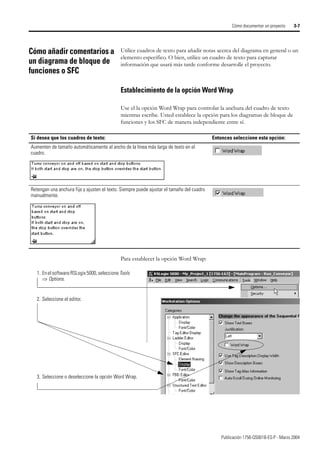 Publicación 1756-QS001B-ES-P - Marzo 2004
Cómo documentar un proyecto 3-7
Cómo añadir comentarios a
un diagrama de bloque de
funciones o SFC
Utilice cuadros de texto para añadir notas acerca del diagrama en general o un
elemento específico. O bien, utilice un cuadro de texto para capturar
información que usará más tarde conforme desarrolle el proyecto.
Establecimiento de la opción Word Wrap
Use el la opción Word Wrap para controlar la anchura del cuadro de texto
mientras escribe. Usted establece la opción para los diagramas de bloque de
funciones y los SFC de manera independiente entre sí.
Para establecer la opción Word Wrap:
Si desea que los cuadros de texto: Entonces seleccione esta opción:
Aumenten de tamaño automáticamente al ancho de la línea más larga de texto en el
cuadro.
Retengan una anchura fija y ajusten el texto. Siempre puede ajustar el tamaño del cuadro
manualmente.
1. Enel software RSLogix 5000, seleccione Tools
⇒ Options.
2. Seleccione el editor.
3. Seleccione o deseleccione la opción Word Wrap.
 