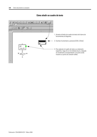 Publicación 1756-QS001B-ES-P - Marzo 2004
3-8 Cómo documentar un proyecto
Cómo añadir un cuadro de texto
1. Arrastre el botón de cuadro de texto de la barra de
herramientas al diagrama.
2. Escriba el comentario y presione [Ctrl] + [Enter]
3. Para adjuntar el cuadro de texto a un elemento
específico, haga clic en el símbolo de pin y después
en el elemento correspondiente. Un punto verde
muestra un punto de conexión válido.
 
