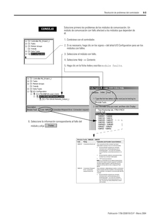 Publicación 1756-QS001B-ES-P - Marzo 2004
Resolución de problemas del controlador 6-3
1. Conéctese con el controlador.
2. Si es necesario, haga clic en los signos + del árbol I/O Configuration para ver los
módulos con fallos
3. Seleccione el módulo con fallo.
4. Seleccione Help ⇒ Contents.
5. Haga clic en la ficha Index y escriba module faults.
6. Seleccione la información correspondiente al fallo del
módulo y elija
CONSEJO
Solucione primero los problemas de los módulos de comunicación. Un
módulo de comunicación con fallo afectará a los módulos que dependen de
él.
 