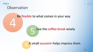 Observation
5Use the coffee break wisely
4
Be flexible to what comes in your way
14
6 A small souvenir helps impress them
 