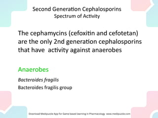 Second Generation Cephalosporins
Spectrum of Activity
The cephamycins (cefoxitin and cefotetan)
are the only 2nd generation cephalosporins
that have activity against anaerobes
Anaerobes
Bacteroides fragilis
Bacteroides fragilis group
 