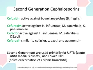 Second Generation Cephalosporins
Cefoxitin active against bowel anaerobes (B. fragilis )
Cefuroxim active against H. influenzae, M. catarrhalis, S.
pneumoniae
Cefaclor active against H. influenzae, M. catarrhalis
&E.coli
Cefprozil- similar to cefaclor, c. axetil and augmentin-
Second Generations are used primarily for URTIs (acute
otitis media, sinusitis ) and Lower RTIs
(acute exacerbation of chronic bronchitis).
 