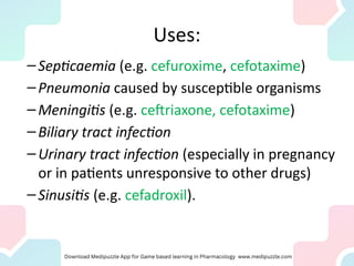 Uses:
–Septicaemia (e.g. cefuroxime, cefotaxime)
–Pneumonia caused by susceptible organisms
–Meningitis (e.g. ceftriaxone, cefotaxime)
–Biliary tract infection
–Urinary tract infection (especially in pregnancy
or in patients unresponsive to other drugs)
–Sinusitis (e.g. cefadroxil).
 