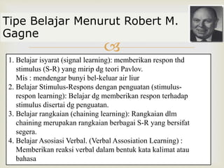 
1. Belajar isyarat (signal learning): memberikan respon thd
stimulus (S-R) yang mirip dg teori Pavlov.
Mis : mendengar bunyi bel-keluar air liur
2. Belajar Stimulus-Respons dengan penguatan (stimulus-
respon learning): Belajar dg memberikan respon terhadap
stimulus disertai dg penguatan.
3. Belajar rangkaian (chaining learning): Rangkaian dlm
chaining merupakan rangkaian berbagai S-R yang bersifat
segera.
4. Belajar Asosiasi Verbal. (Verbal Assosiation Learning) :
Memberikan reaksi verbal dalam bentuk kata kalimat atau
bahasa
Tipe Belajar Menurut Robert M.
Gagne
 