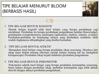 
TIPE BELAJAR MENURUT BLOOM
(BERBASIS HASIL)
1. TIPE BELAJAR BENTUK KOGNITIF
Bentuk belajar kognitif ialah hasil belajar yang berupa perubahaan segi
intelektual. Perubahan itu berupa perubahaan pengetahuan hafalan (Knowledge),
pemahaman (comprehention), penerapan (aplication), analisis, sintesis, evaluasi.
Perubahan-perbahan itu berjenjang artinya yang disebutkan terdahulu lebih
rendah tingkatanya dibandingkan yang disebut kemudian.
2. TIPE BELAJAR BENTUK AFEKTIF.
Merupakan hasil belajar yang berupa perubahan sikap seseorang. Misalnya dari
sikap masa bodoh tentang reboisasi setelah belajar tentang hal itu (mengikuti
klompencapir) Perubahan sikap terjadi didahului perubahan pengetahuan.
3. TIPE BELAJAR BENTUK PSIKOMOTOR
Psikomotor adalah hasil belajar yang berupa perubahan ketrampilan seseorang.
Sama halnya dengan perubahan sikap, perbahan ketrampilan juga lebih dahulu
diawali dengan adanya perubahan pengetahuan.
 