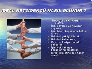 iiDEAL NETWORKÇÜ NASIL OLDEAL NETWORKÇÜ NASIL OLUNUR ?UNUR ?
İNANÇLI ve KARARLIİNANÇLI ve KARARLI
olarak,olarak,
• İşini severek ve heyecanİşini severek ve heyecan
duyarak,duyarak,
• İşini basit, kopyalanır haldeİşini basit, kopyalanır halde
tutaraktutarak
• Ürünleri çok iyi bilerek,Ürünleri çok iyi bilerek,
• Ürünleri kullanarak,Ürünleri kullanarak,
• Kayıt ve kariyer hedefliKayıt ve kariyer hedefli
çalışarak,çalışarak,
• İşini çok rahatçaİşini çok rahatça
başkalarına anlatarak,başkalarına anlatarak,
• Şirket ilkelerine çok hakimŞirket ilkelerine çok hakim
olarakolarak..
 