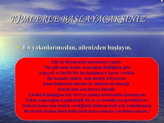 KİMLERLE BAŞLAYACAKSINIZKİMLERLE BAŞLAYACAKSINIZ
• En yakınlarınızdan, ailenizden başlayın.En yakınlarınızdan, ailenizden başlayın.
Aile içi dayanışma konuşması yapın.
“Sevgili anne-baba- karıcığım.Bildiğiniz gibi
yepyeni ve farklı bir işe başlamaya karar verdim.
Bu konuda sizden tam destek istiyorum.
Şunu bilmenizi isterim ki, sizlerin bu desteği
benim için son derece önemli.
Çünkü başladığım işte zirveye çıkma konusunda kararlıyım.
Fakat yapacağım iş psikolojik bir iş ve kondüsyon gerektiriyor.
Sizlerin bana tam destek verdiğinizi bilmem beni çok rahatlatacak.
Bu destek benim işimi daha hızlı inşaa etmeme yardımcı olacak.”
 