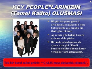 KEY PEOPLE”LARINIZINKEY PEOPLE”LARINIZIN
(Temel Kadro) OLUSMASI(Temel Kadro) OLUSMASI
• Birgün karşınıza gelen işBirgün karşınıza gelen iş
arkadaşınızın gözlerinin içinearkadaşınızın gözlerinin içine
baktığınızda çok tanıdık birbaktığınızda çok tanıdık bir
ifade göreceksiniz.ifade göreceksiniz.
• Aynı sizin gibi bakan kararlıAynı sizin gibi bakan kararlı
ve inanç dolu gözler.ve inanç dolu gözler.
• Bir anda arkadaşınızın daBir anda arkadaşınızın da
aynen sizin gibi “Kendiaynen sizin gibi “Kendi
hayatını ciddiye almaya kararhayatını ciddiye almaya karar
verdiğini” fark edeceksiniz.verdiğini” fark edeceksiniz.
Tek bir kural zaferi getirir: “ ÇALIŞ mayı alışkanlık edinmek”.
 