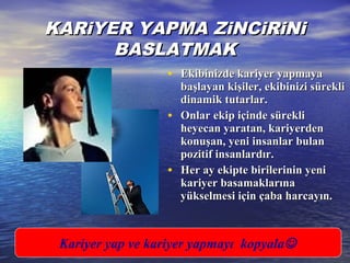 KARiYER YAPMA ZiNCiRiNiKARiYER YAPMA ZiNCiRiNi
BASLATMAKBASLATMAK
• Ekibinizde kariyer yapmayaEkibinizde kariyer yapmaya
başlayan kişiler, ekibinizi süreklibaşlayan kişiler, ekibinizi sürekli
dinamik tutarlar.dinamik tutarlar.
• Onlar ekip içinde sürekliOnlar ekip içinde sürekli
heyecan yaratan, kariyerdenheyecan yaratan, kariyerden
konuşan, yeni insanlar bulankonuşan, yeni insanlar bulan
pozitif insanlardır.pozitif insanlardır.
• Her ay ekipte birilerinin yeniHer ay ekipte birilerinin yeni
kariyer basamaklarınakariyer basamaklarına
yükselmesi için çaba harcayın.yükselmesi için çaba harcayın.
Kariyer yap ve kariyer yapmayı kopyala
 